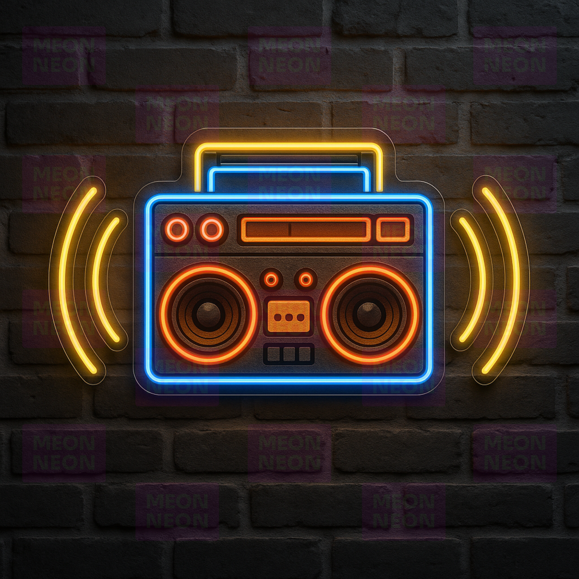 Boom Box LED Neon Sign - 80s Music Culture - Multi-Color Sound Waves - Blue Orange Yellow