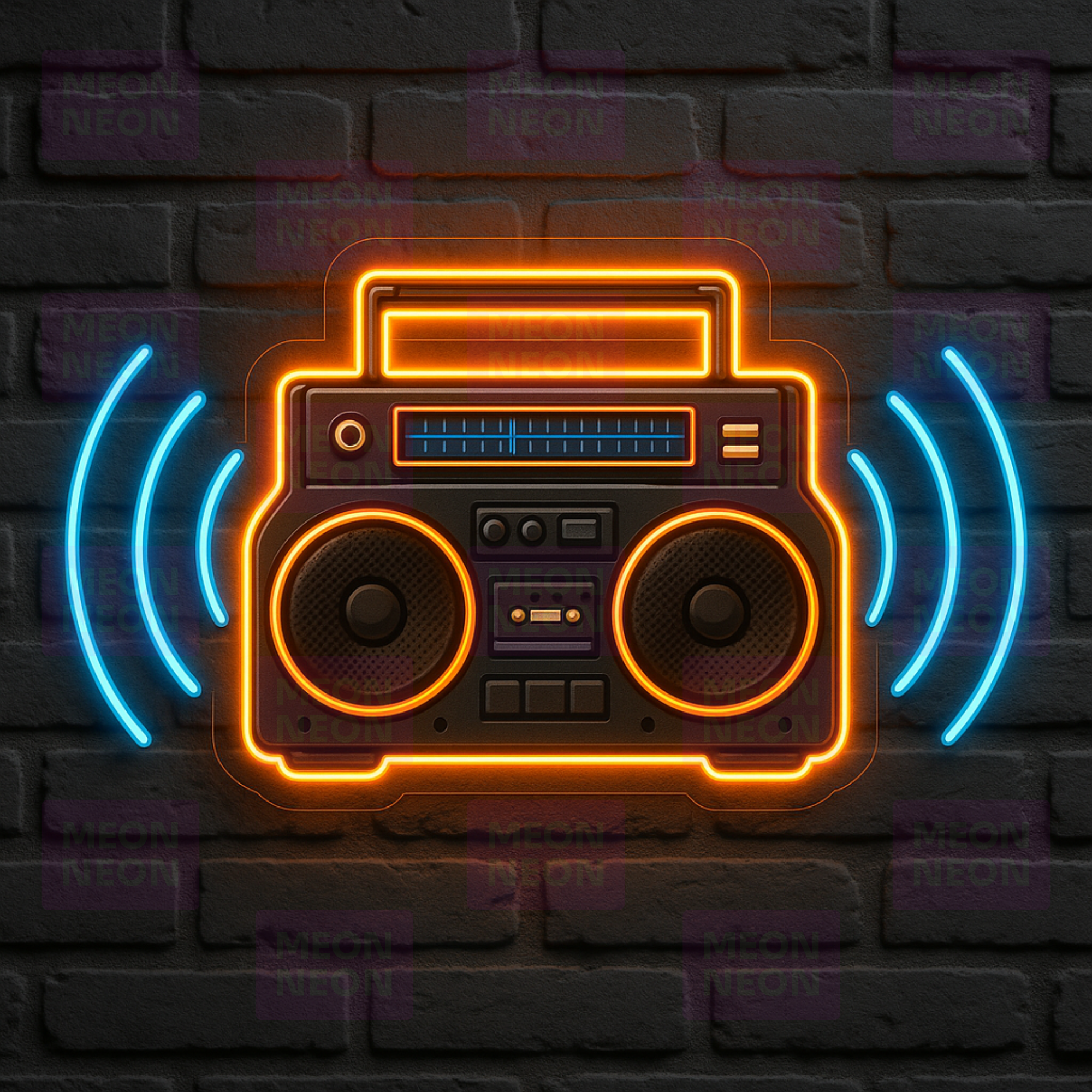 Boom Box LED Neon Sign - Street Music Culture - Sound Wave Animation - Orange Blue