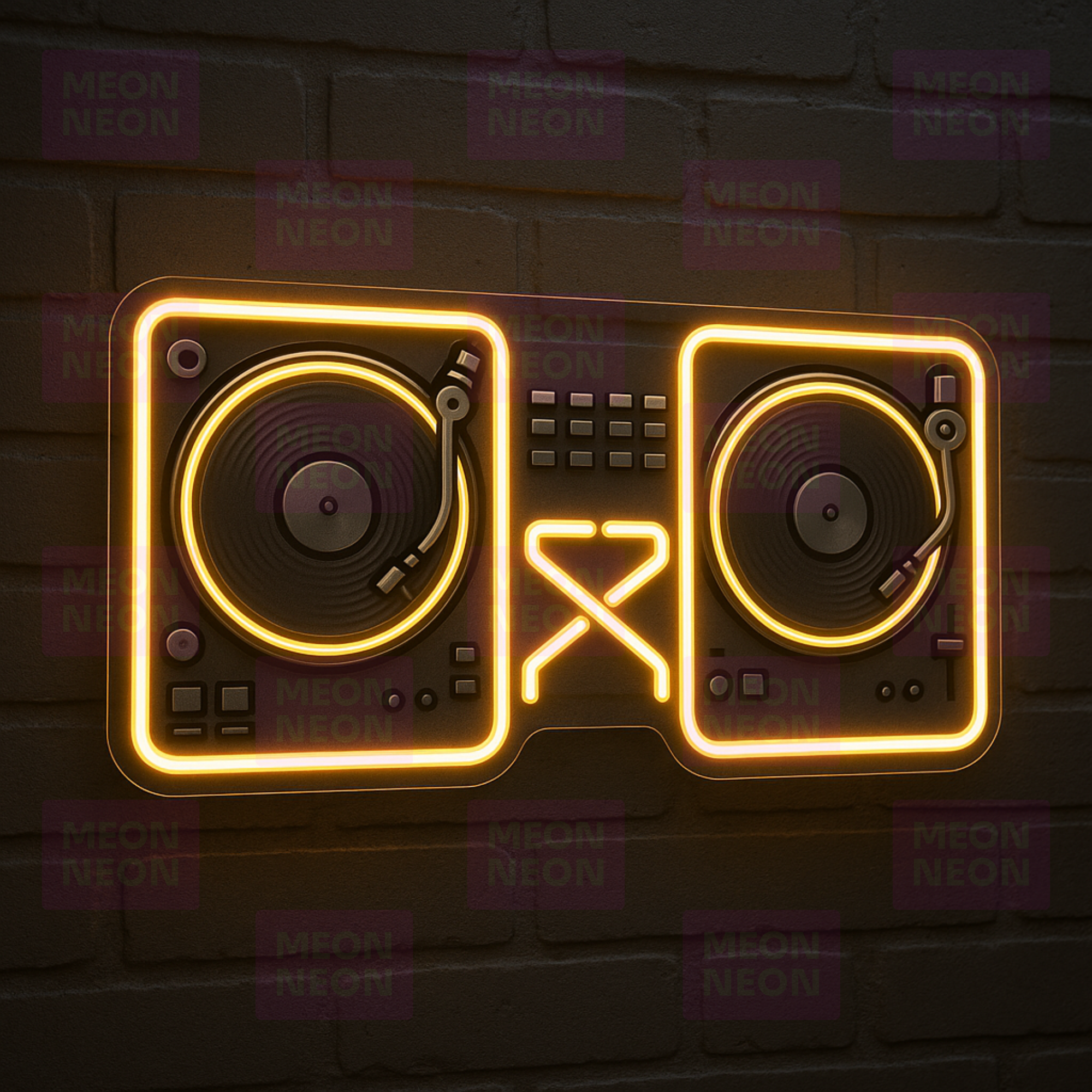 DJ Turntables LED Neon Sign - Professional Equipment - Club Setup - Warm Golden Light