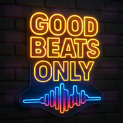 Good Beats Only LED Neon Sign - Music Quality Statement - Sound Wave Design - Orange & Blue Light
