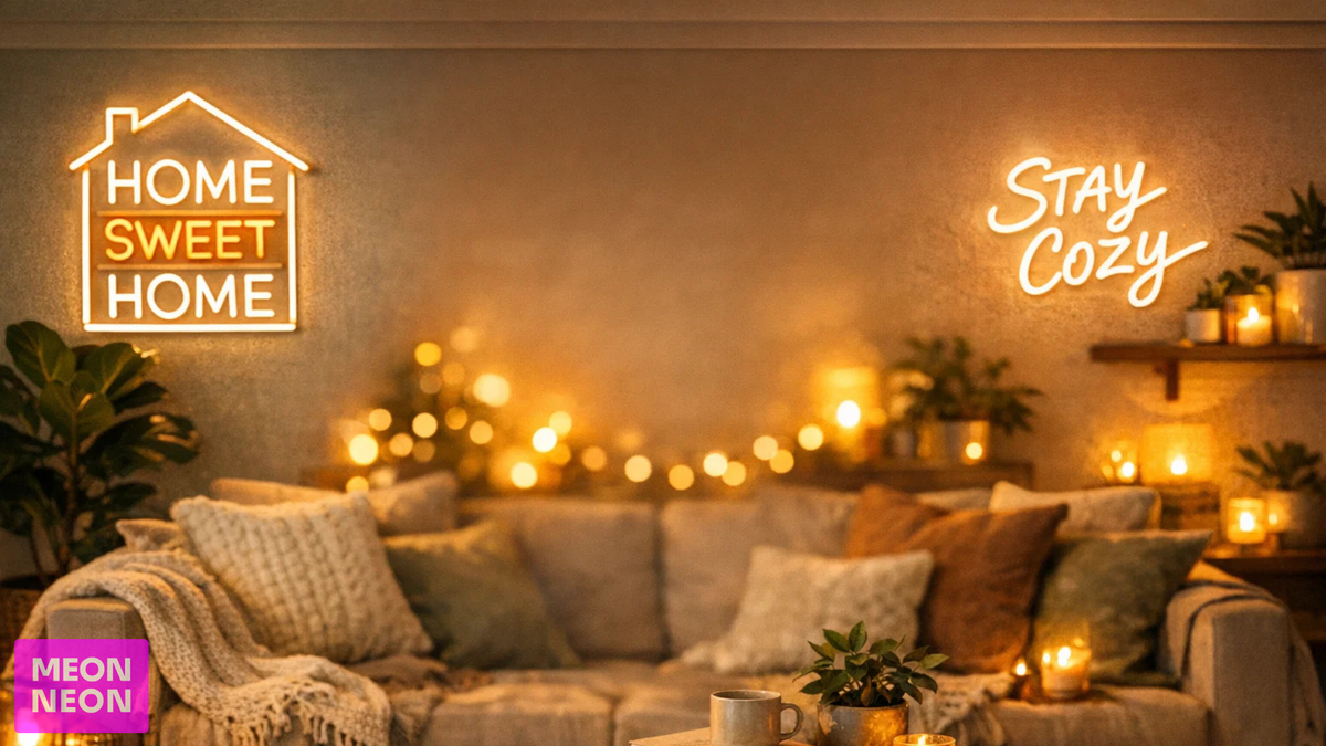 LED neon signs on a living room wall