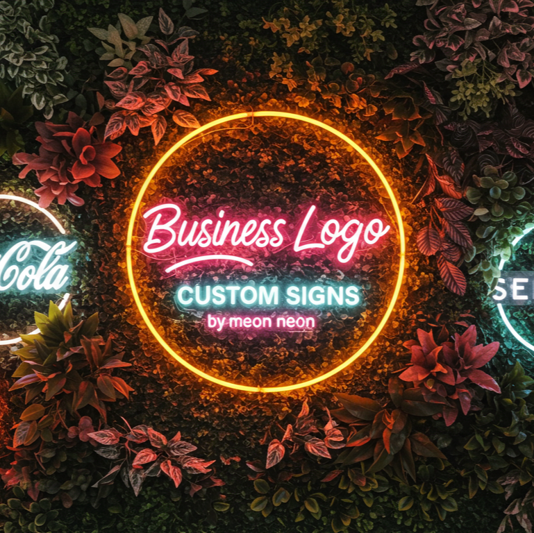 Circular Business Logo LED neon sign glowing against a foliage wall