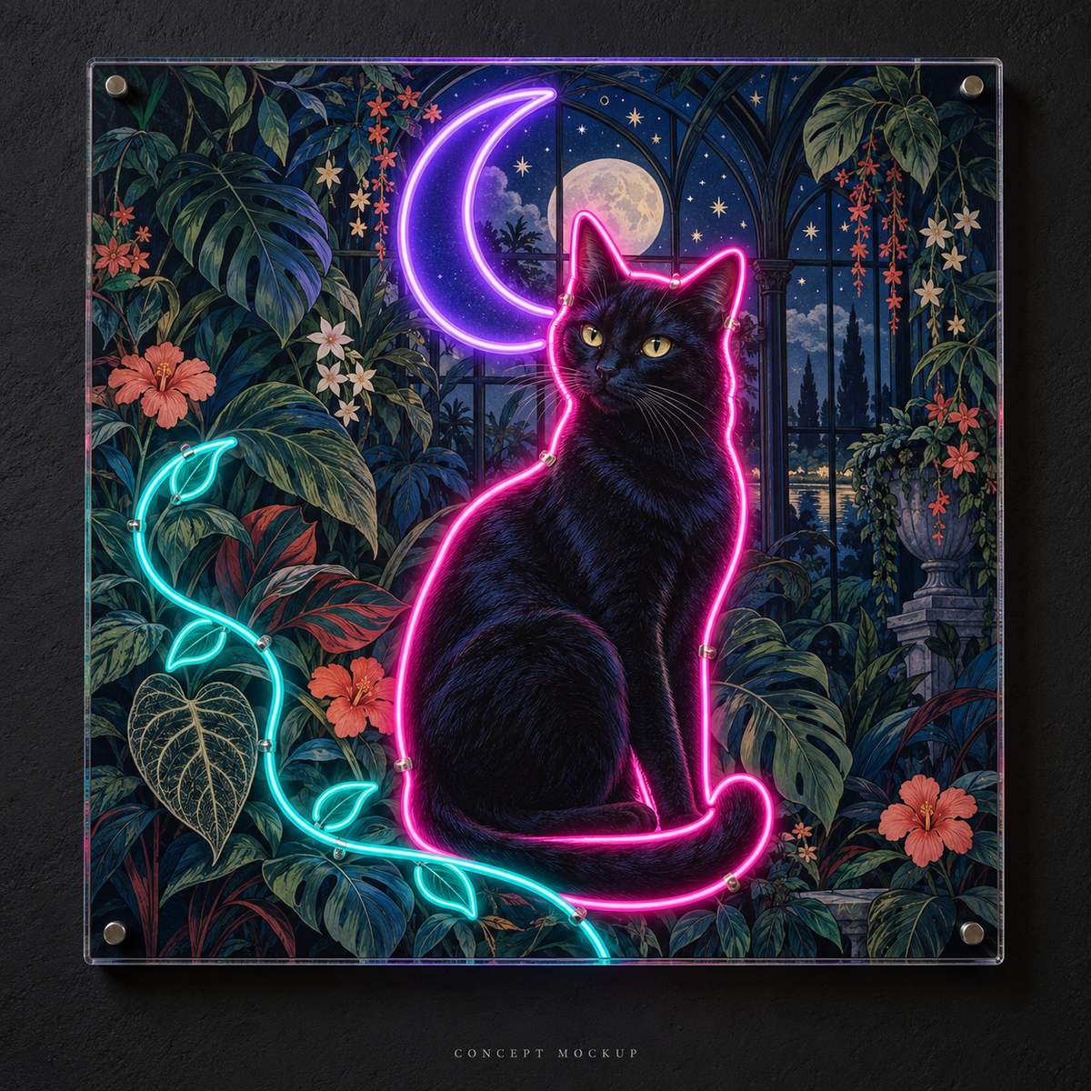 Midnight Conservatory Cat UV-printed neon artwork concept
