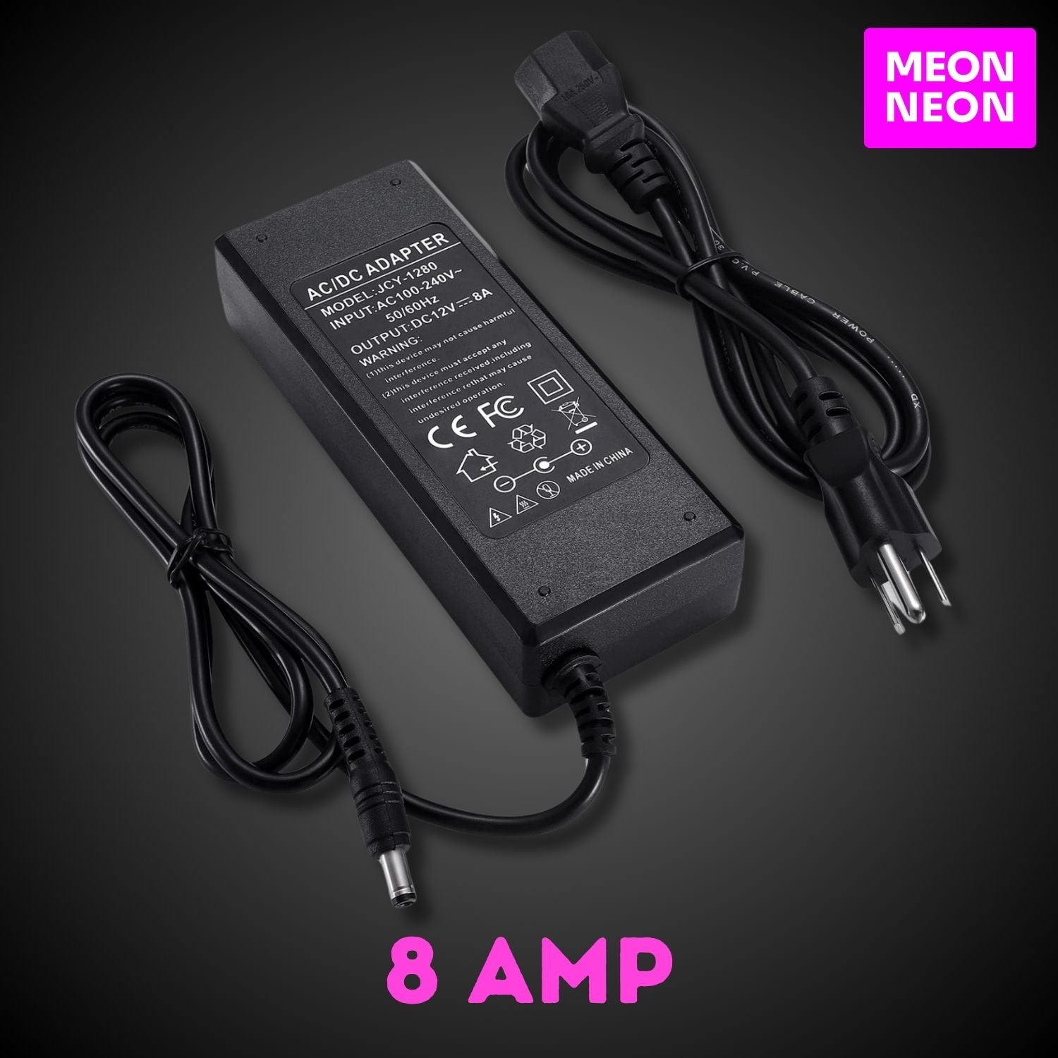 8A LED Power Supply - 12V DC 96W Adapter for LED Neon Signs & Strip Lights - MEON NEON