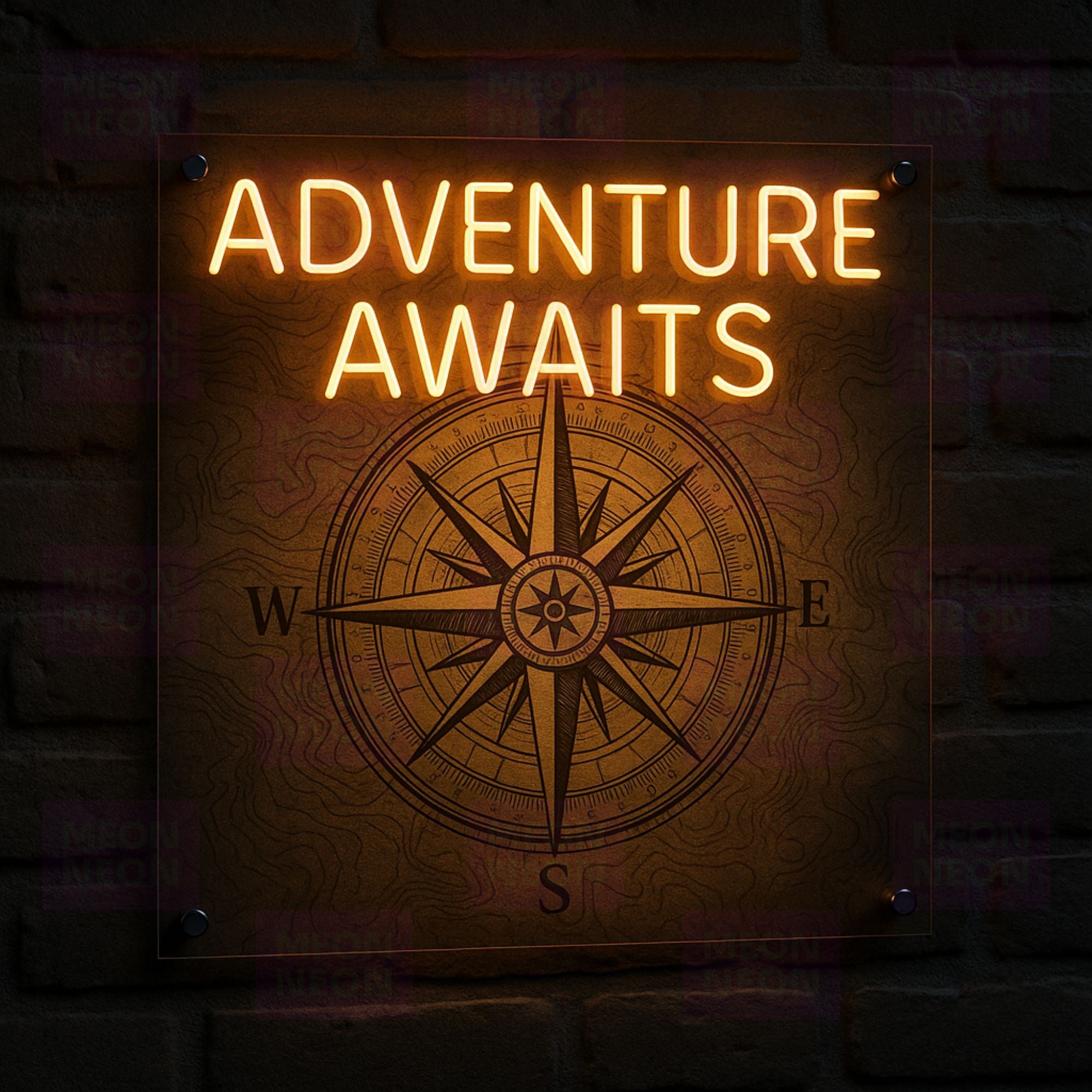 Adventure Awaits LED Neon Sign - Vintage Compass Design - Outdoor Recreation - Warm Amber Light - MEON NEON