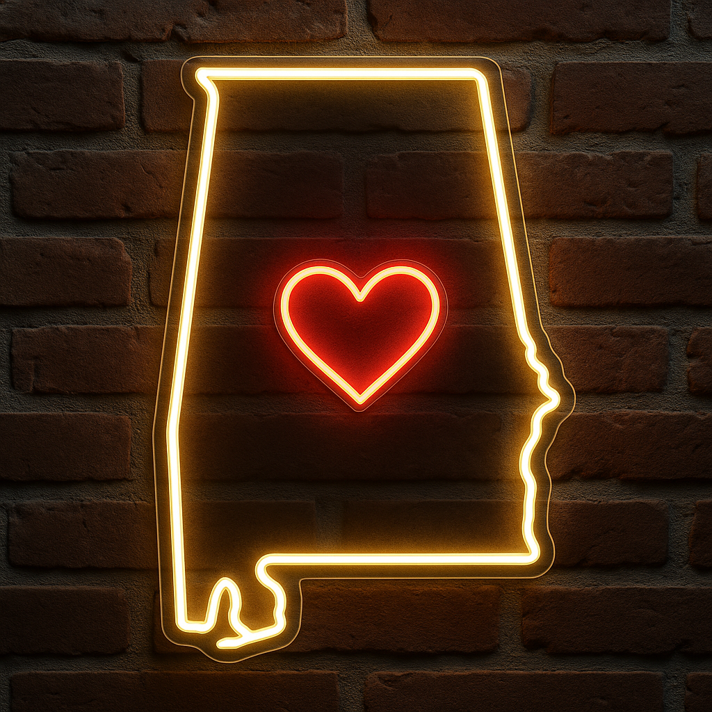 Alabama Outline LED Neon Sign with Heart