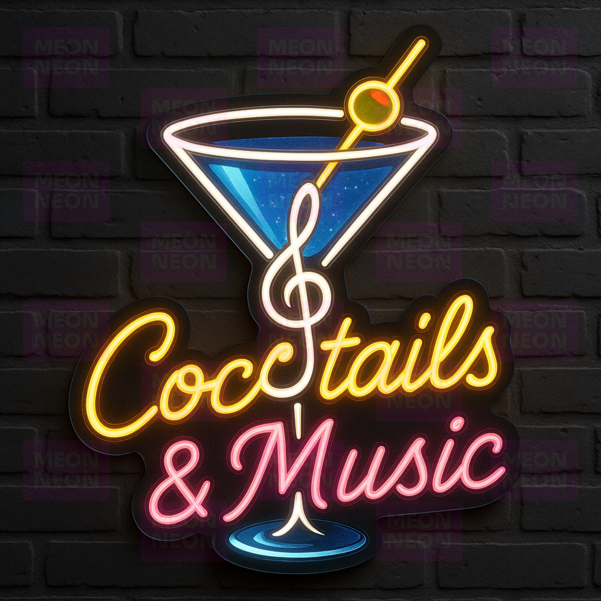 Cocktails & Music LED Neon Sign - Bar Entertainment - Martini Glass Design - Multi-Color Light - MEON NEON