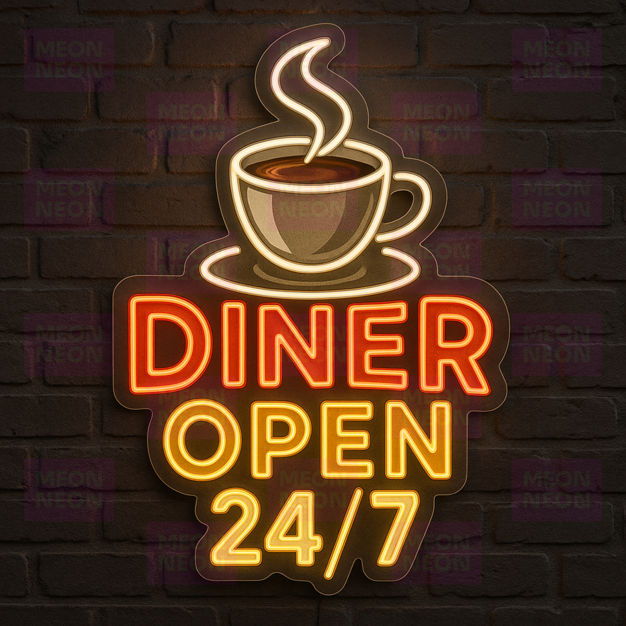 Diner Open 24/7 LED Neon Sign - Classic American Diner - Coffee Cup - Red Orange Yellow - MEON NEON