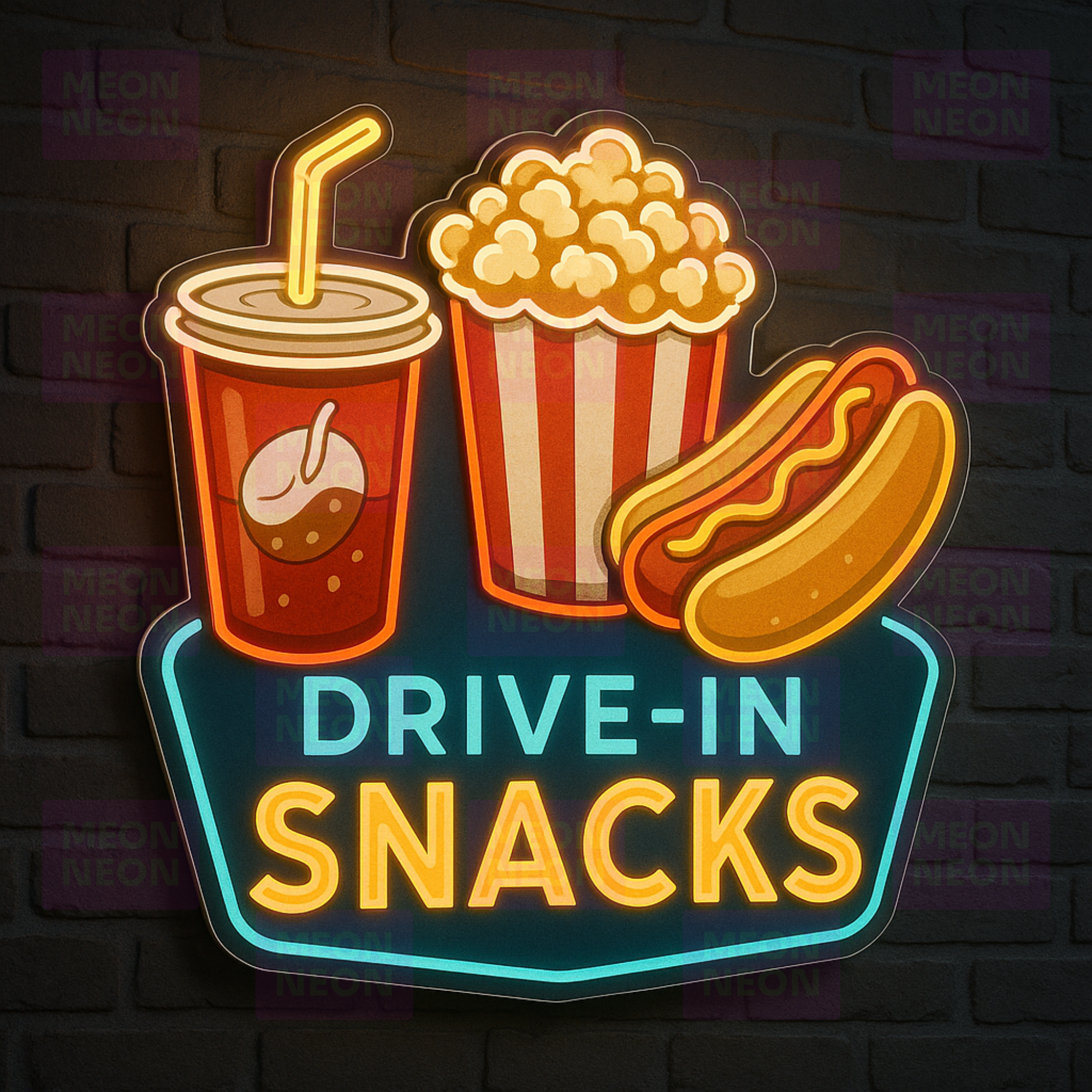 Drive-In Snacks LED Neon Sign - Classic Americana Food - Movie Theater Style - Multi-Color with Cyan Frame - MEON NEON