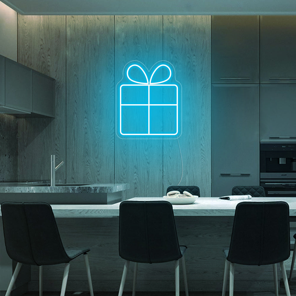 Gift Box LED Neon Sign in Ice Blue