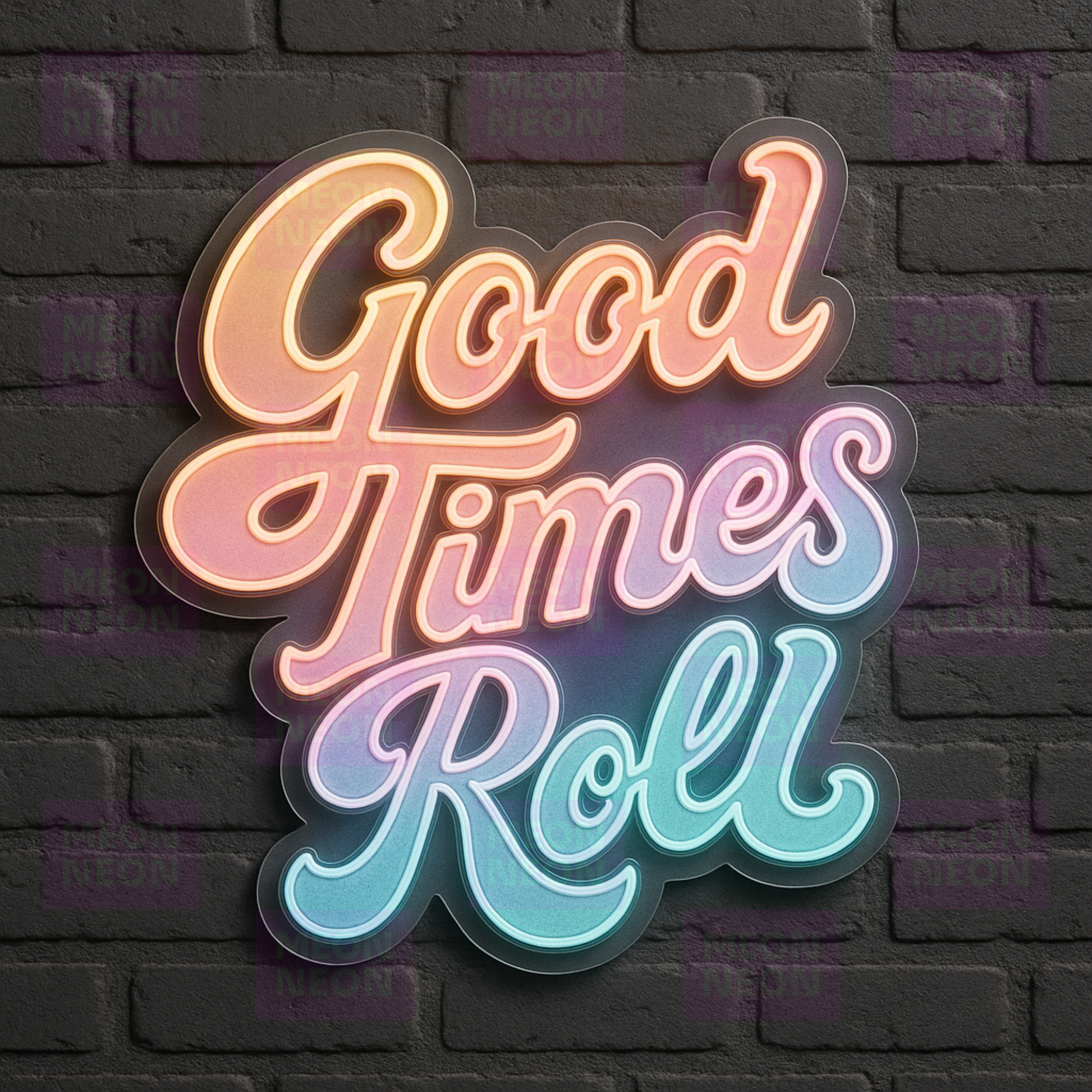 Good Times Roll LED Neon Sign - Retro Script Style - Rainbow Gradient Colors - Warm Orange to Cool Cyan - MEON NEON