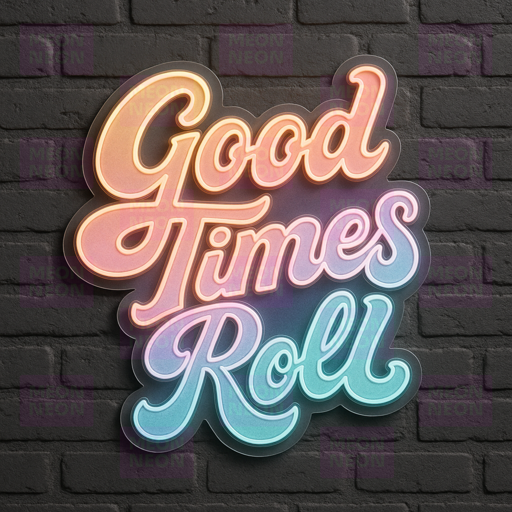 Good Times Roll LED Neon Sign - Retro Script Style - Rainbow Gradient Colors - Warm Orange to Cool Cyan - MEON NEON