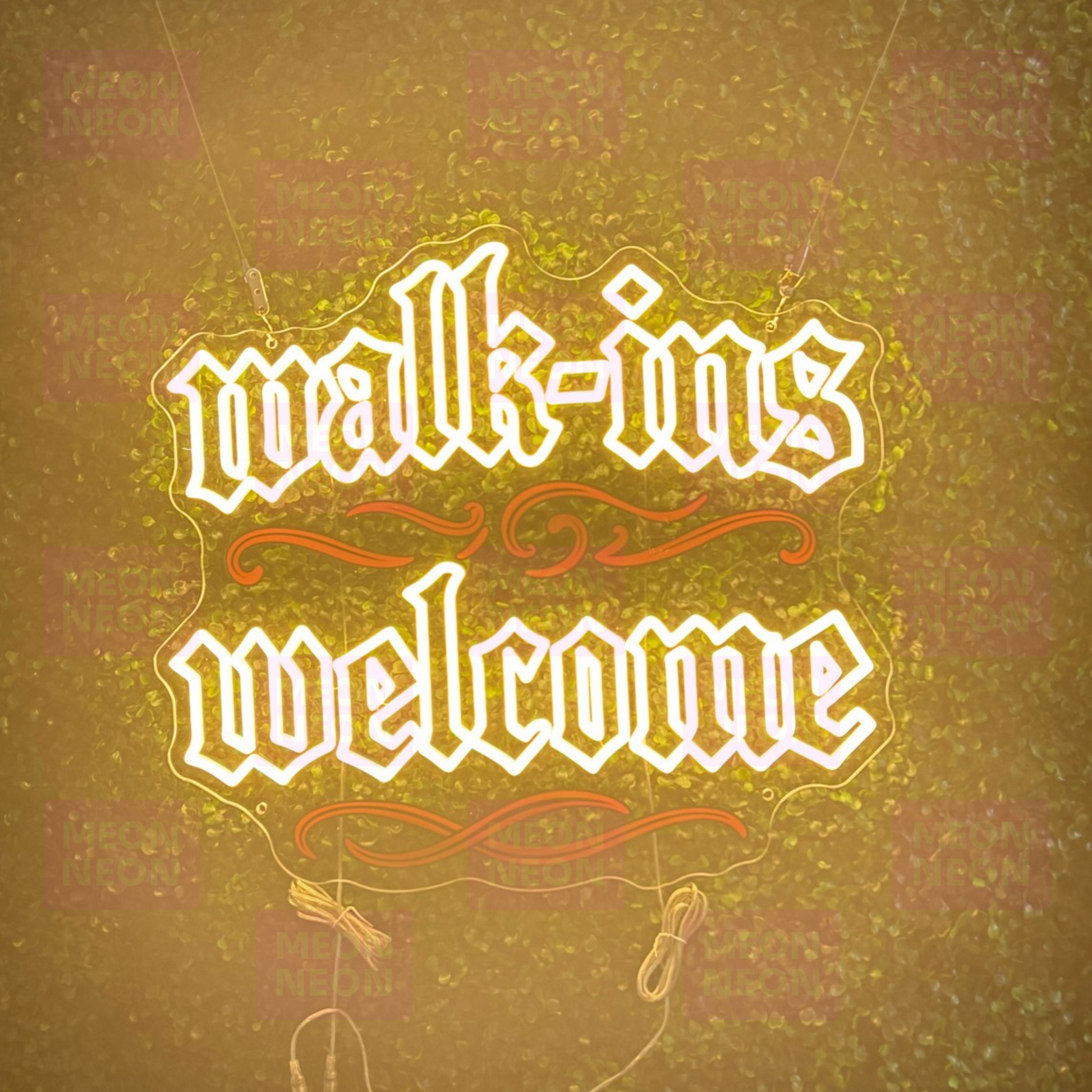 Gothic Walk-Ins Welcome LED Neon Sign - Old English Font - Traditional Style - Warm Golden Light - MEON NEON