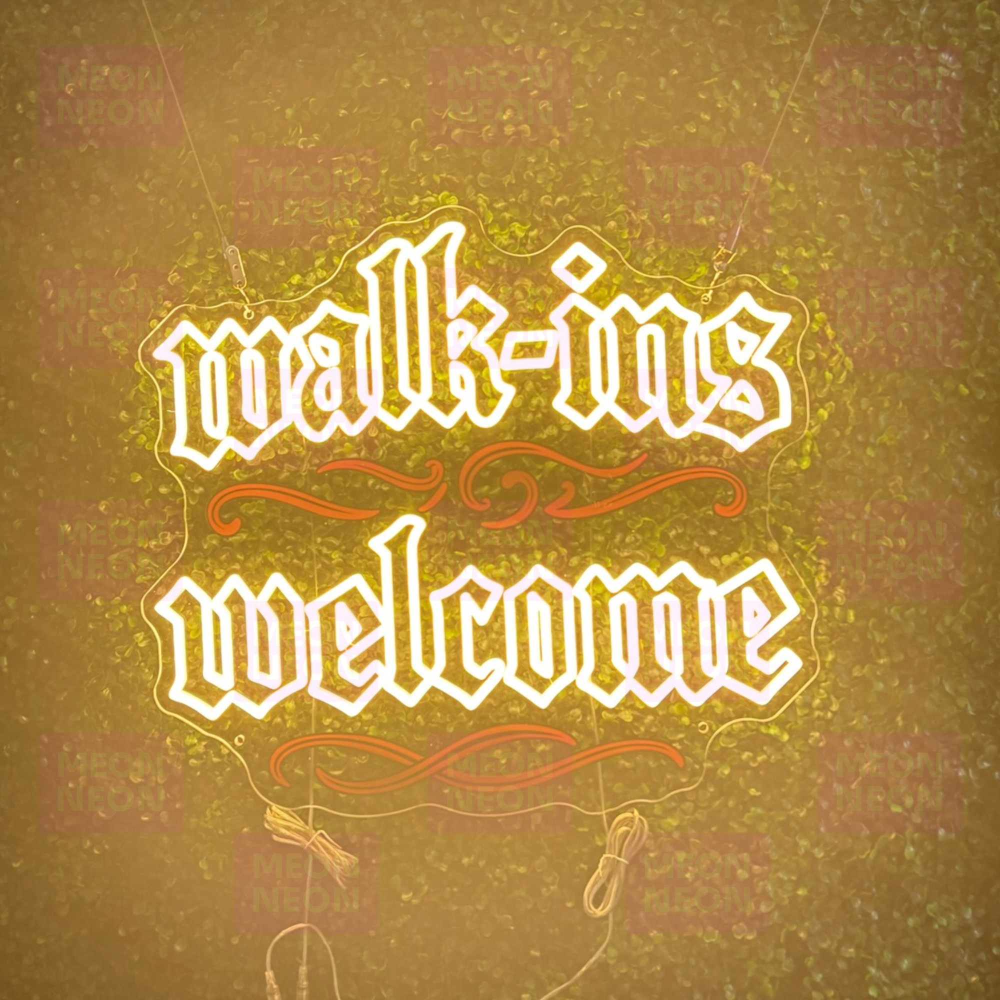 Gothic Walk-Ins Welcome LED Neon Sign - Old English Font - Traditional Style - Warm Golden Light - MEON NEON