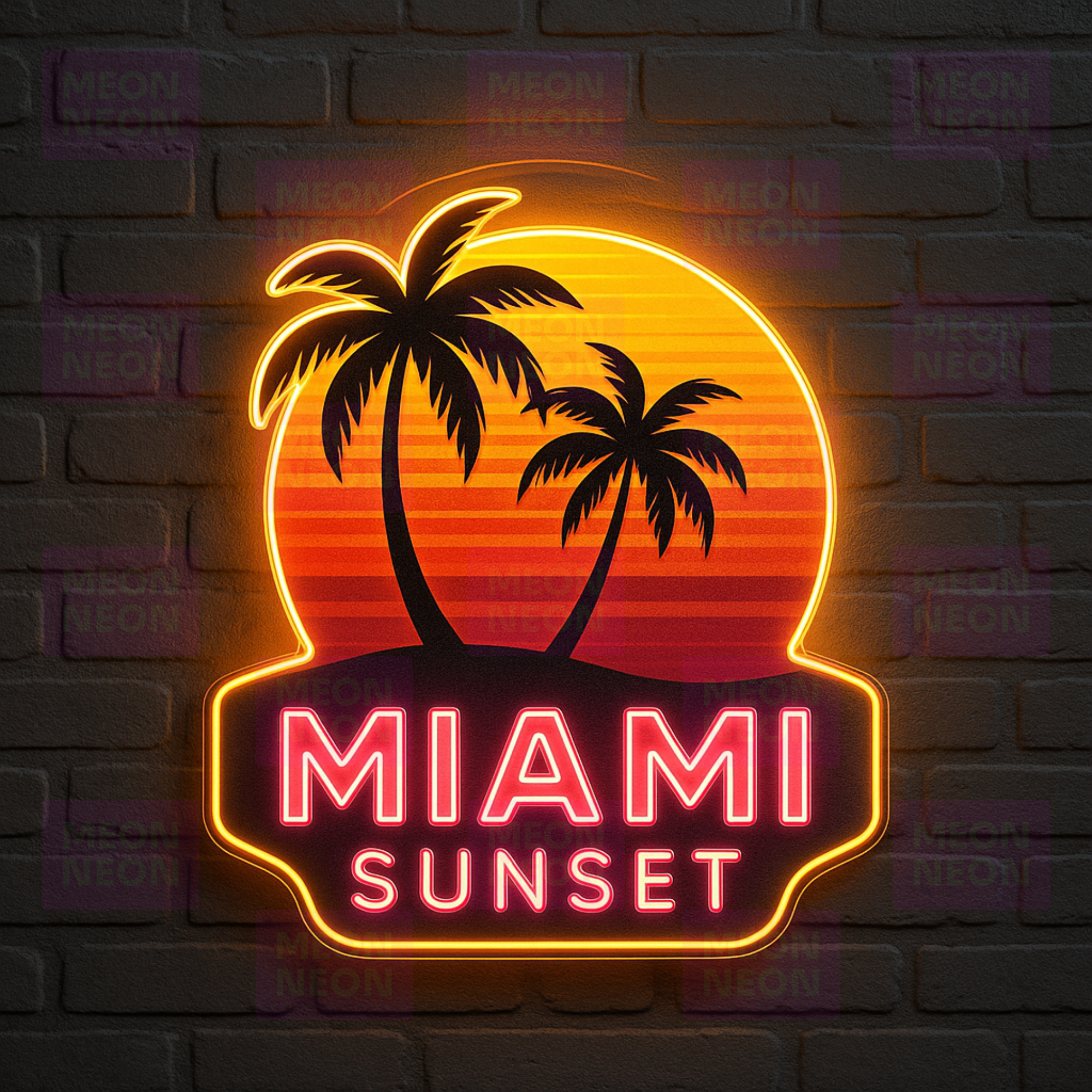Miami Sunset LED Neon Sign - 80s Vice Style - Palm Trees & Sunset - Orange Red Pink Gradient - MEON NEON
