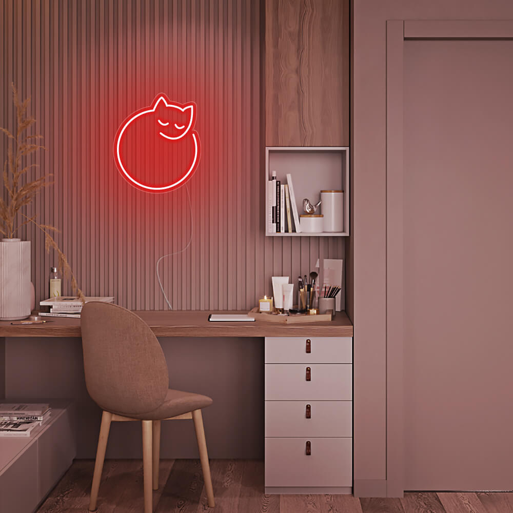 Mini Curled Up Cat LED Neon Sign in Ice Blue