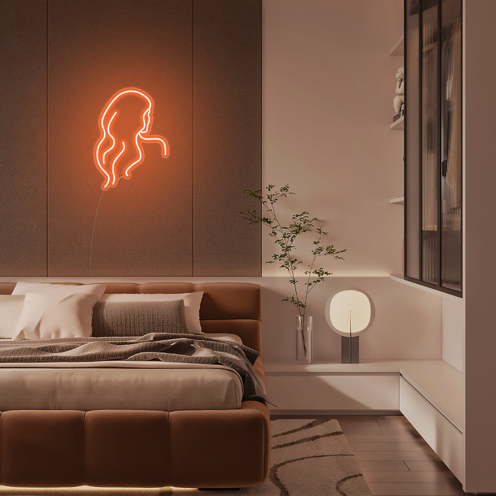 Mini Long Hair Silhouette LED Neon Sign in Orange
