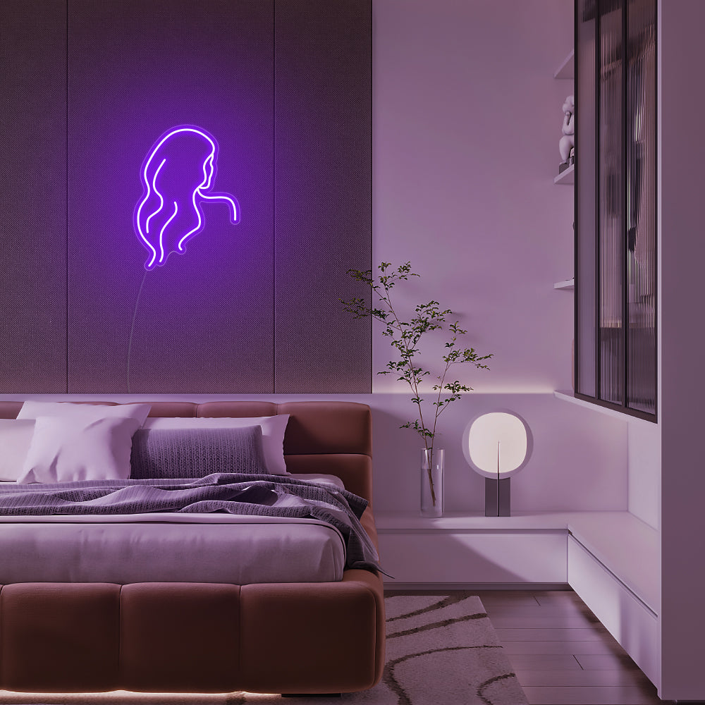 Mini Long Hair Silhouette LED Neon Sign in Purple