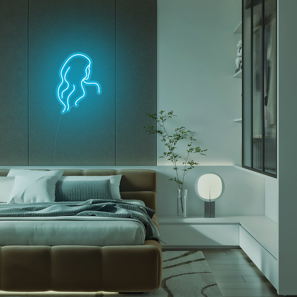 Mini Long Hair Silhouette LED Neon Sign in Ice Blue