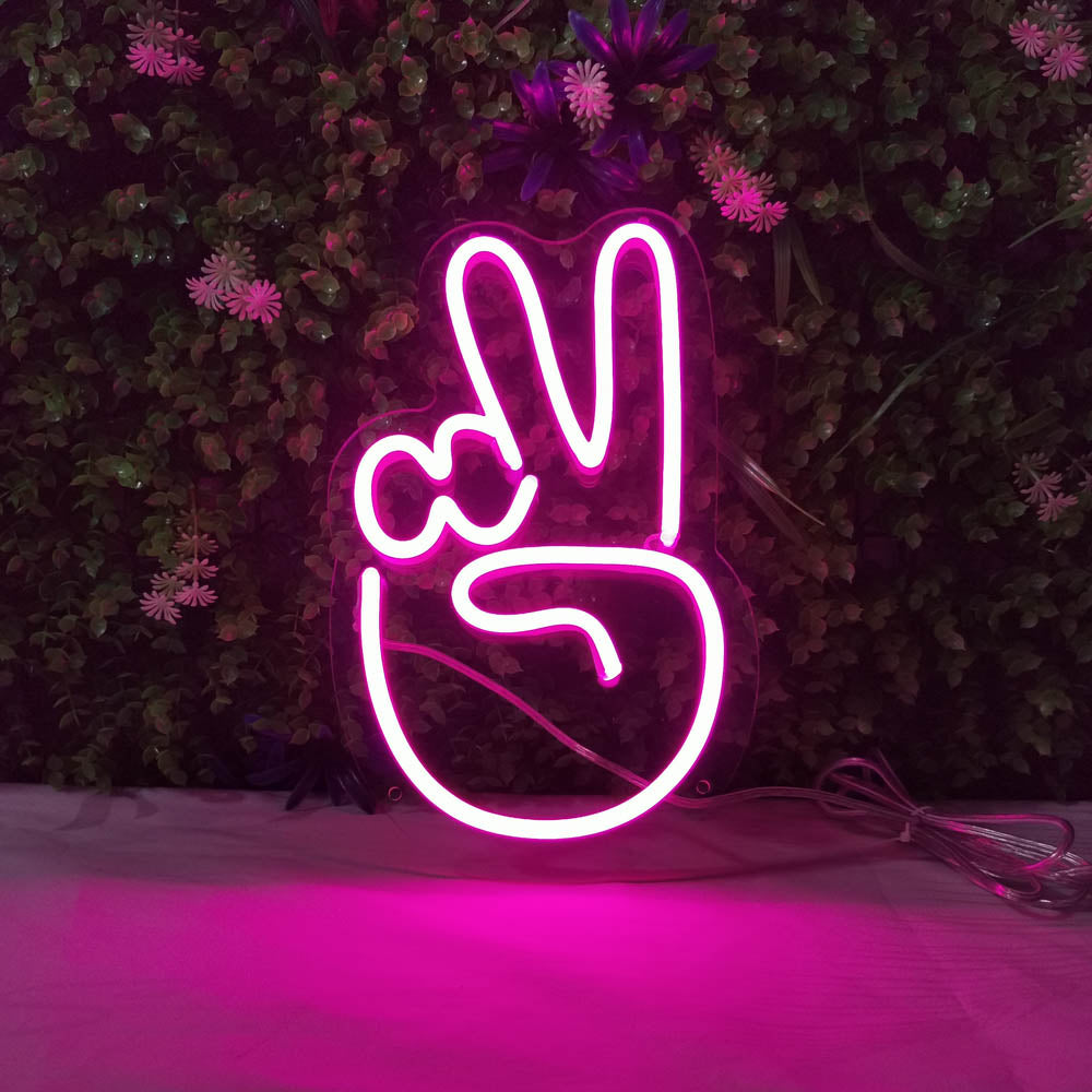 Mini Peace Sign Hand LED Neon Sign in Hot Pink