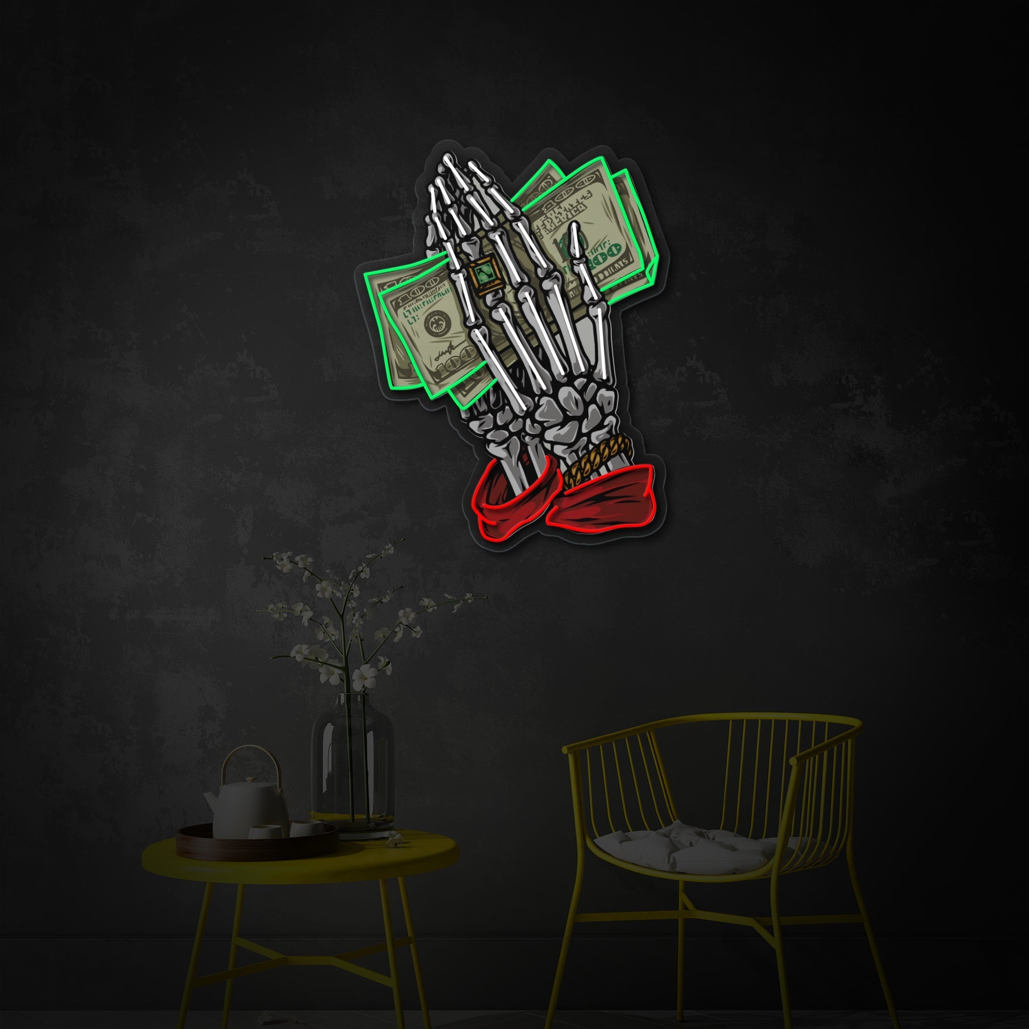 Money Skeleton Hands LED Neon Sign | Dollar Bills Wall Art - MEON NEON