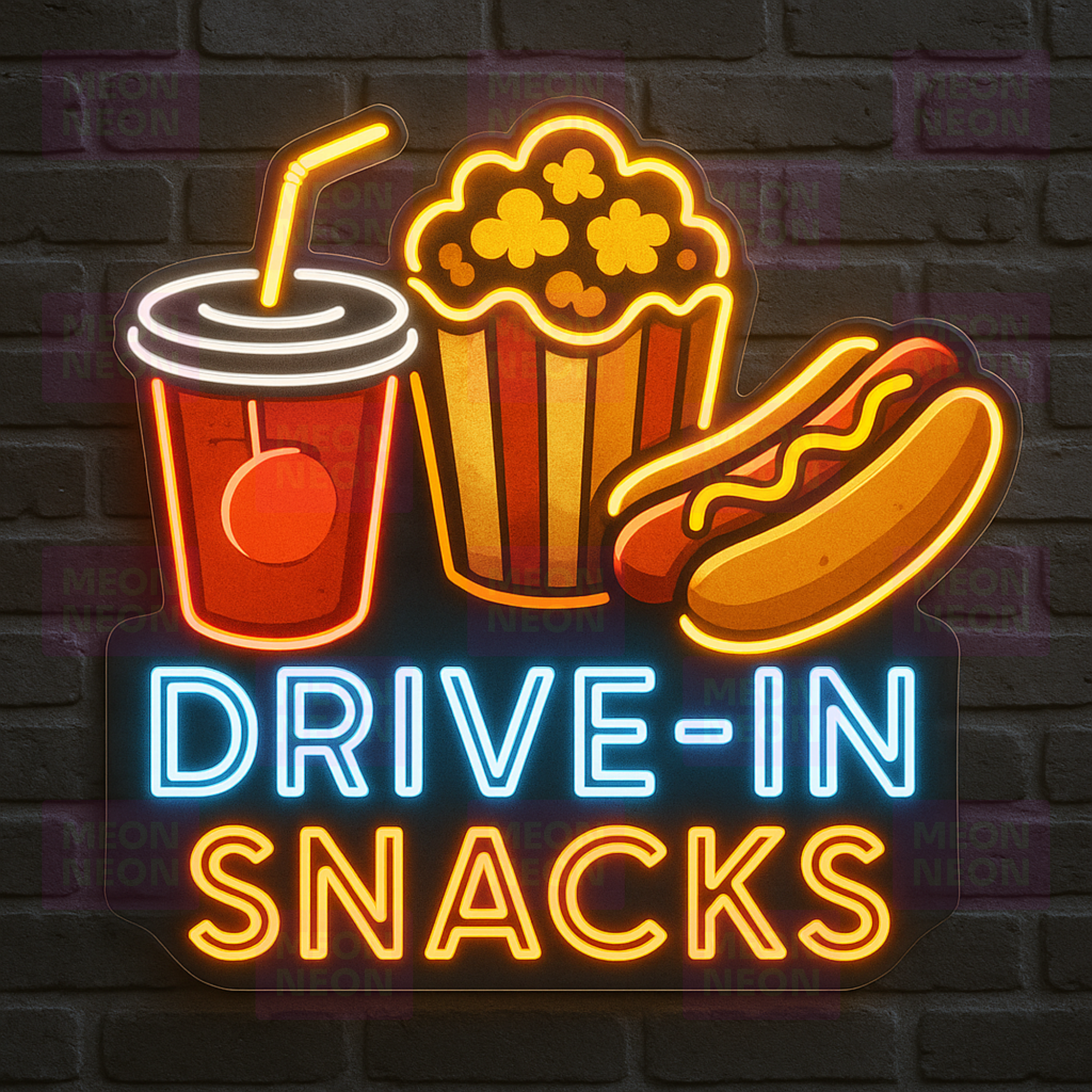 Movie Theater Snacks LED Neon Sign - Cinema Concession - Popcorn Soda Hot Dog - Red Yellow - MEON NEON