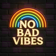 No Bad Vibes LED Neon Sign - Rainbow Positivity - Retro Hippie Style - Warm White Text - MEON NEON
