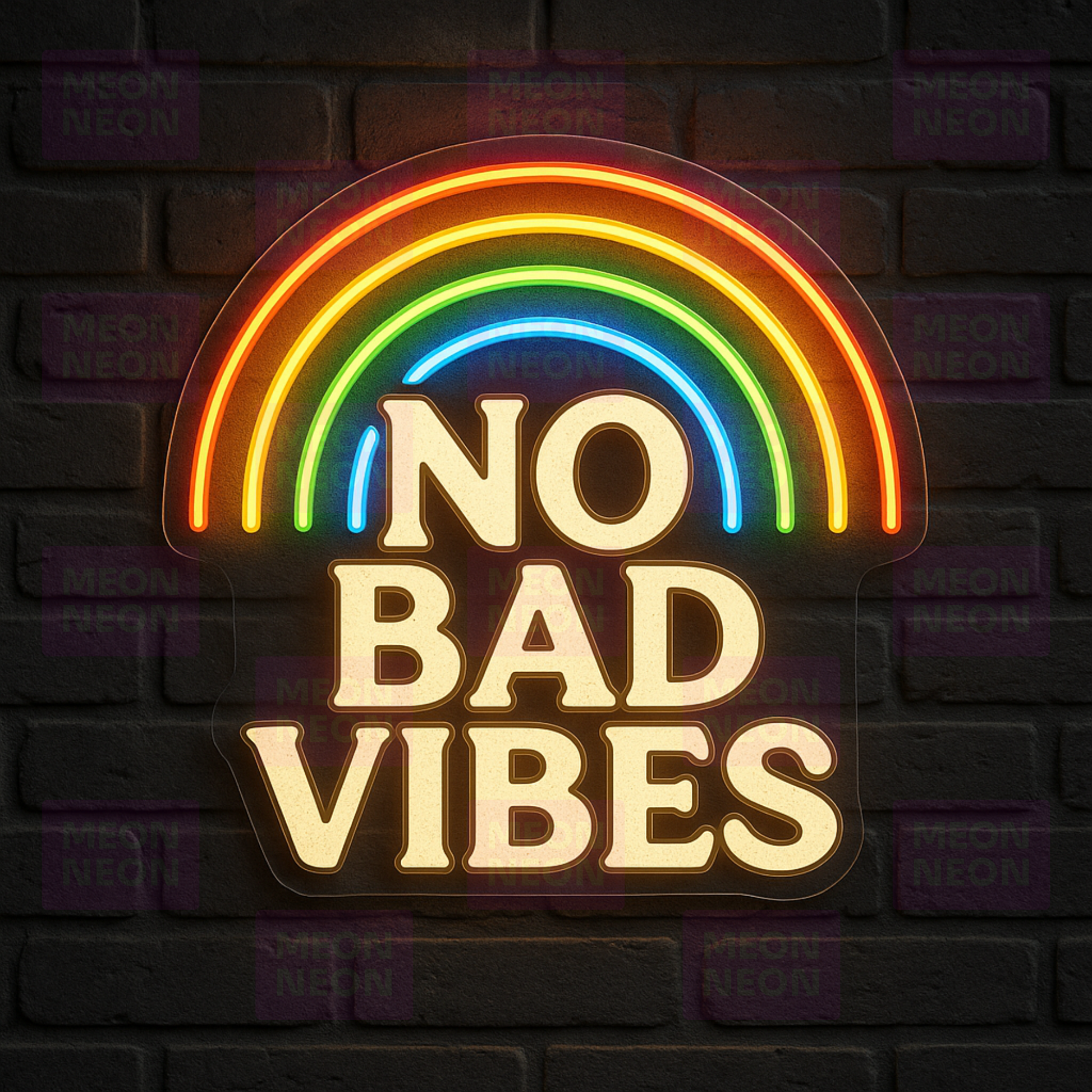 No Bad Vibes LED Neon Sign - Rainbow Positivity - Retro Hippie Style - Warm White Text - MEON NEON