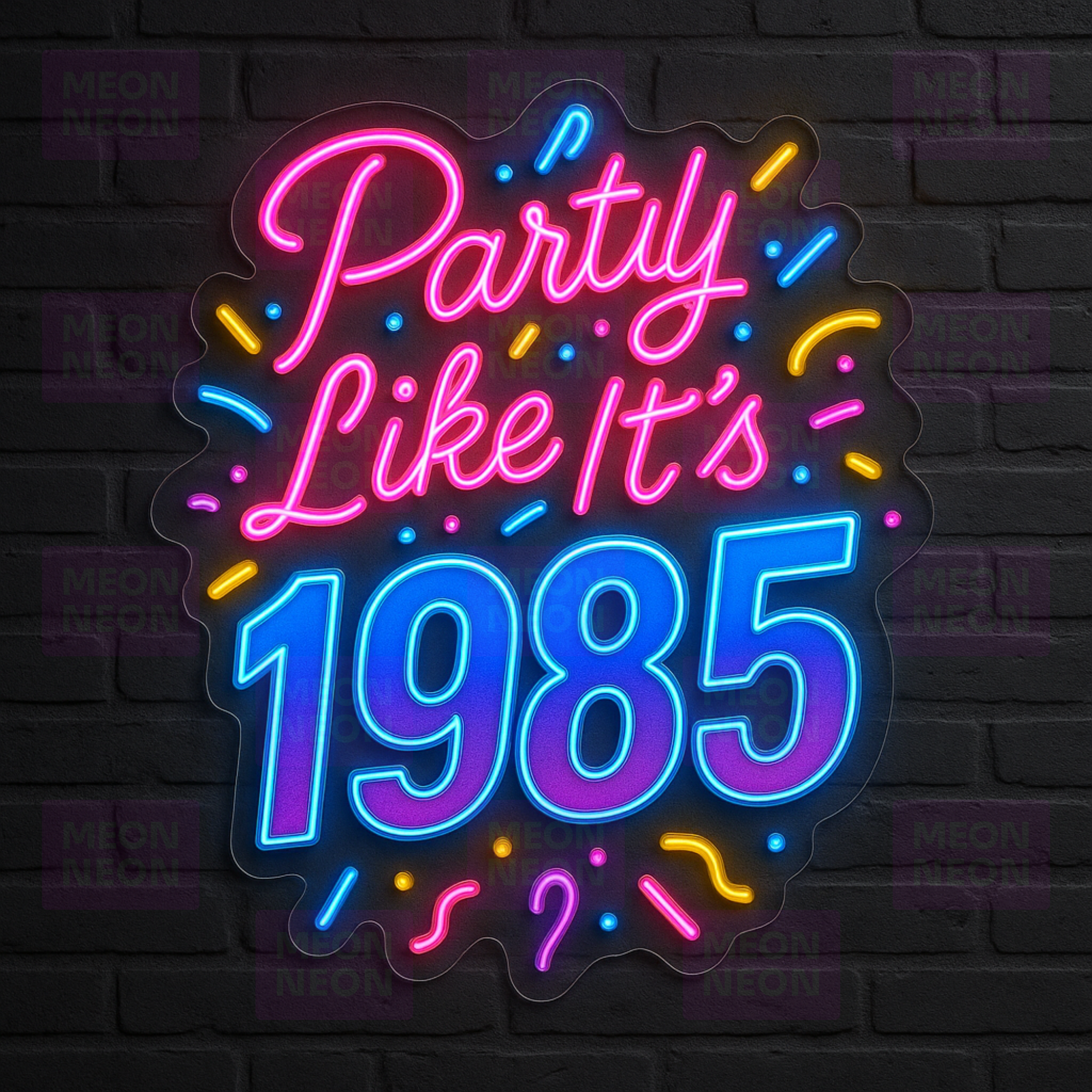 Party Like It's 1985 LED Neon Sign - Confetti Celebration - Multi-Color Rainbow Design - MEON NEON