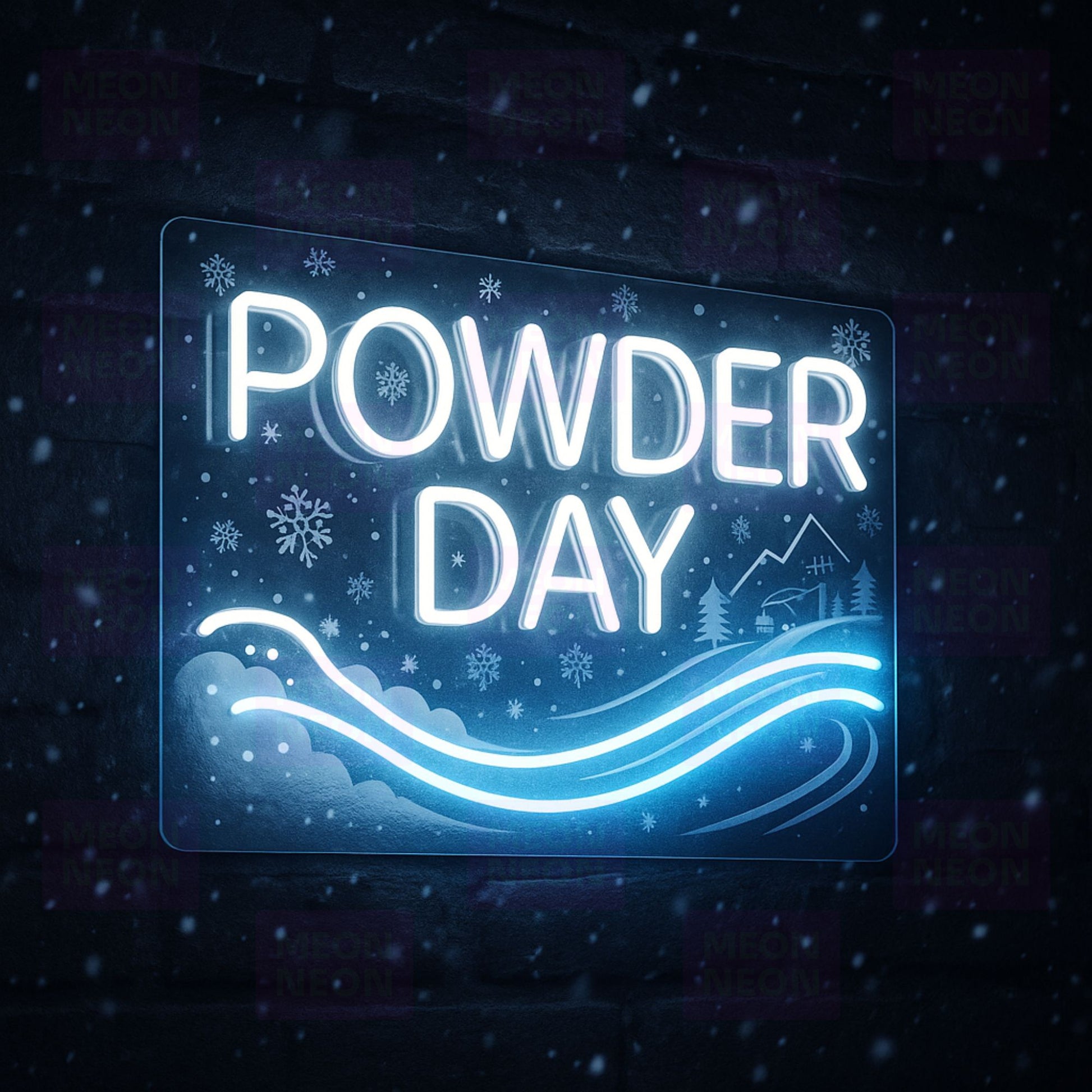 Powder Day LED Neon Sign - Ski Culture - Fresh Snow Design - White & Ice Blue Light - MEON NEON