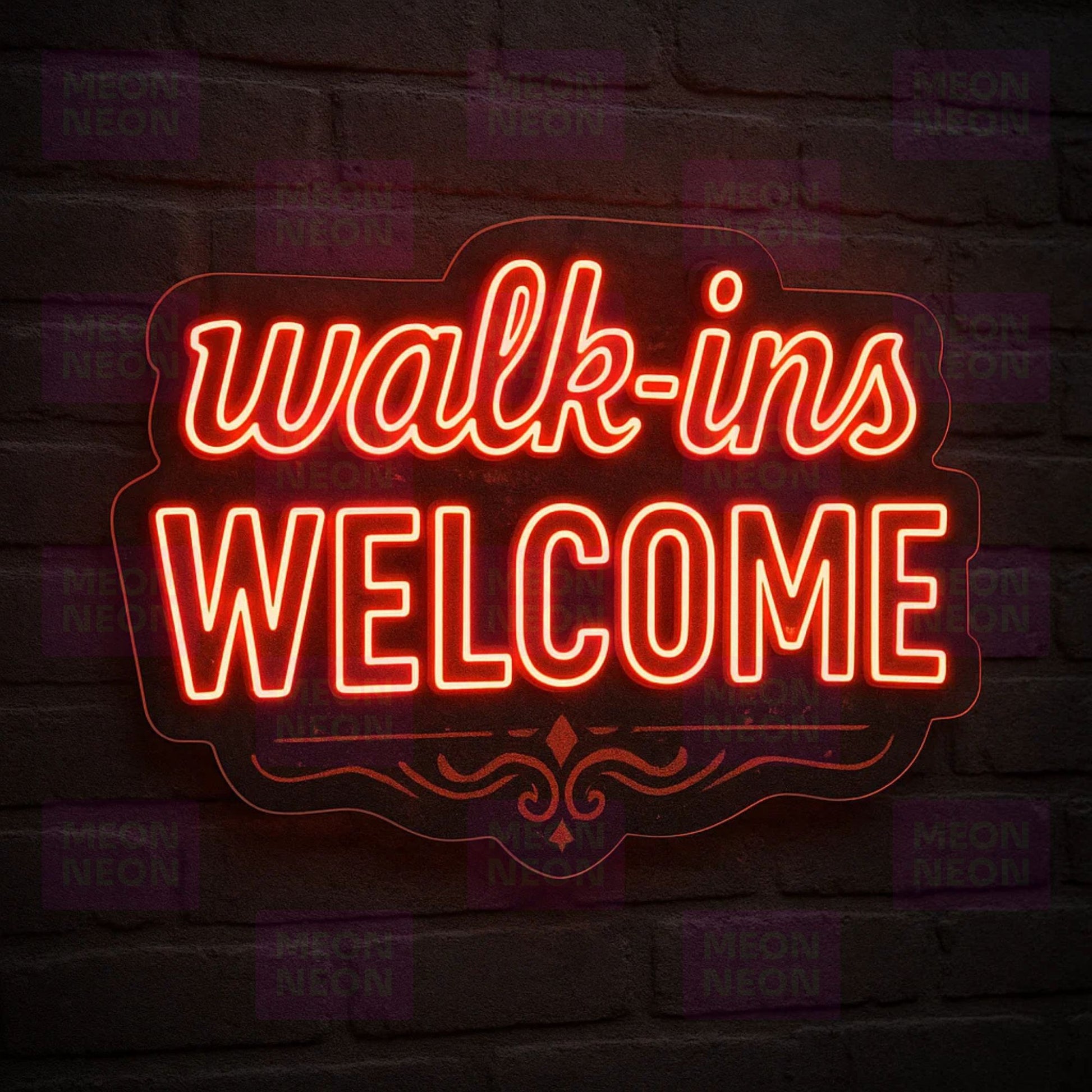 Red Script Walk-Ins Welcome LED Neon Sign - Elegant Typography - Decorative Border - Bright Red Light - MEON NEON