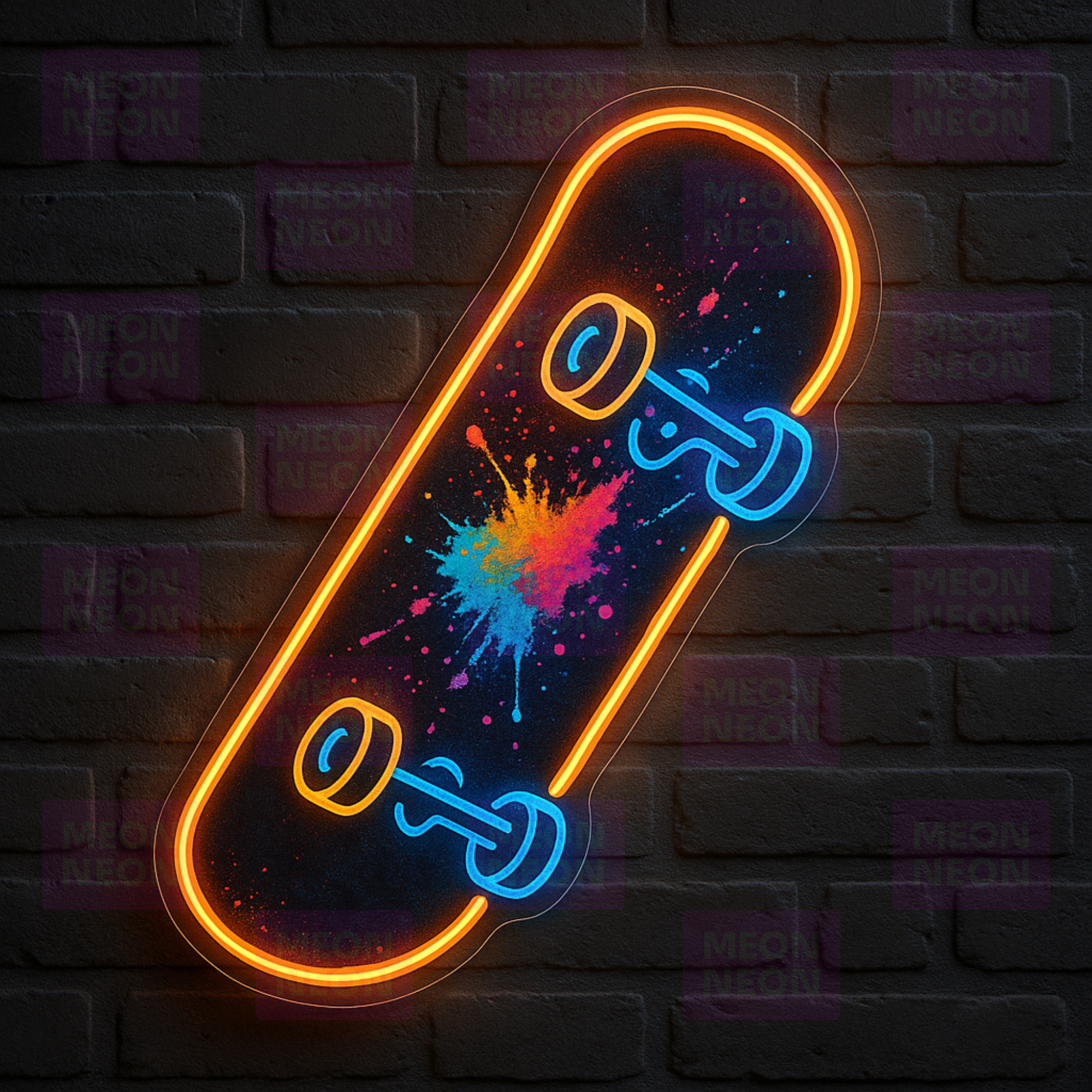 Retro Skateboard LED Neon Sign - Cosmic Graffiti - Paint Splatter - Orange Blue Multi-Color - MEON NEON