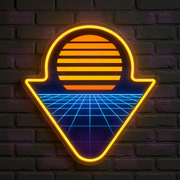 Retro Synthwave Shield LED Neon Sign - 80s Cyber Aesthetic - Grid Pattern - Gold & Cyan - MEON NEON