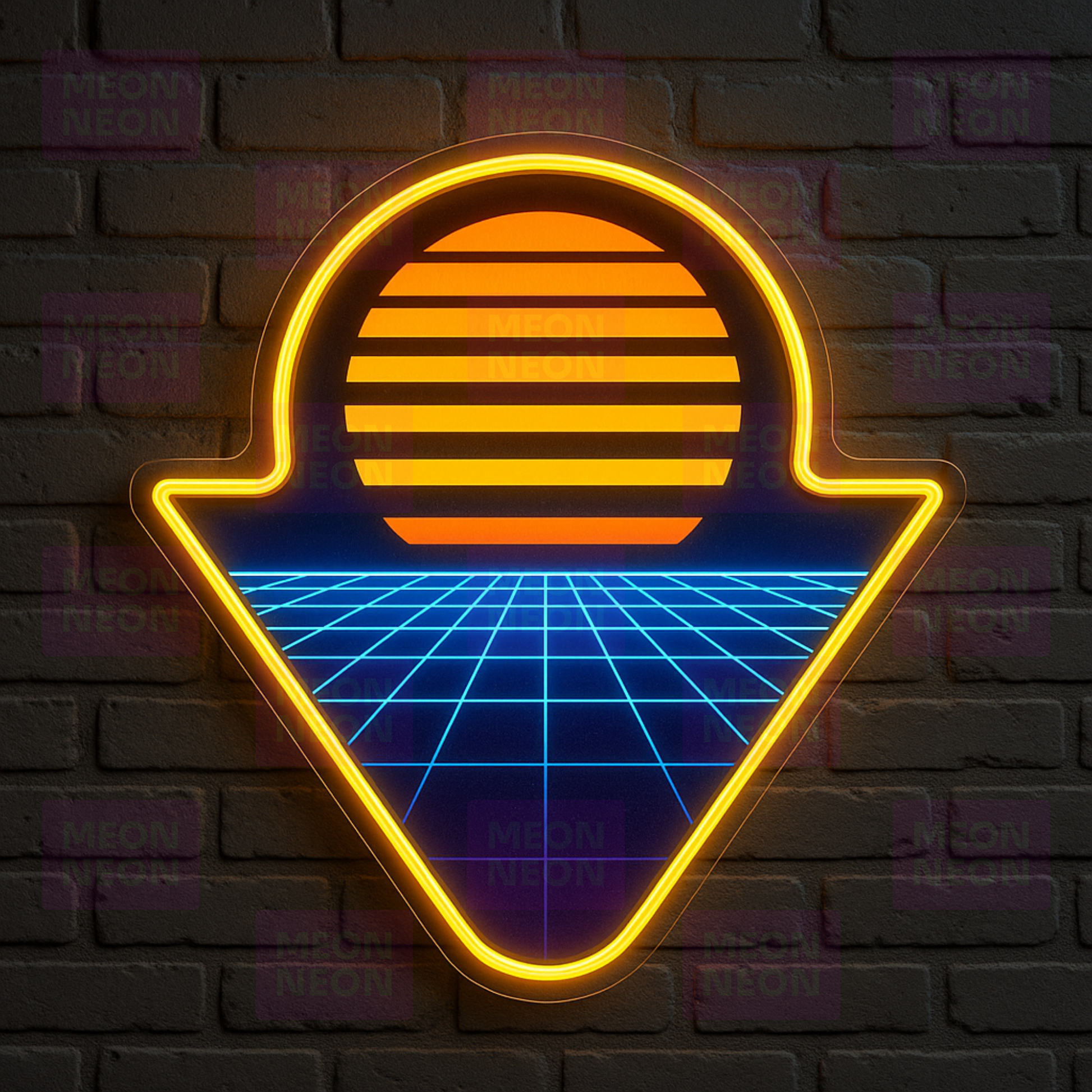Retro Synthwave Shield LED Neon Sign - 80s Cyber Aesthetic - Grid Pattern - Gold & Cyan - MEON NEON
