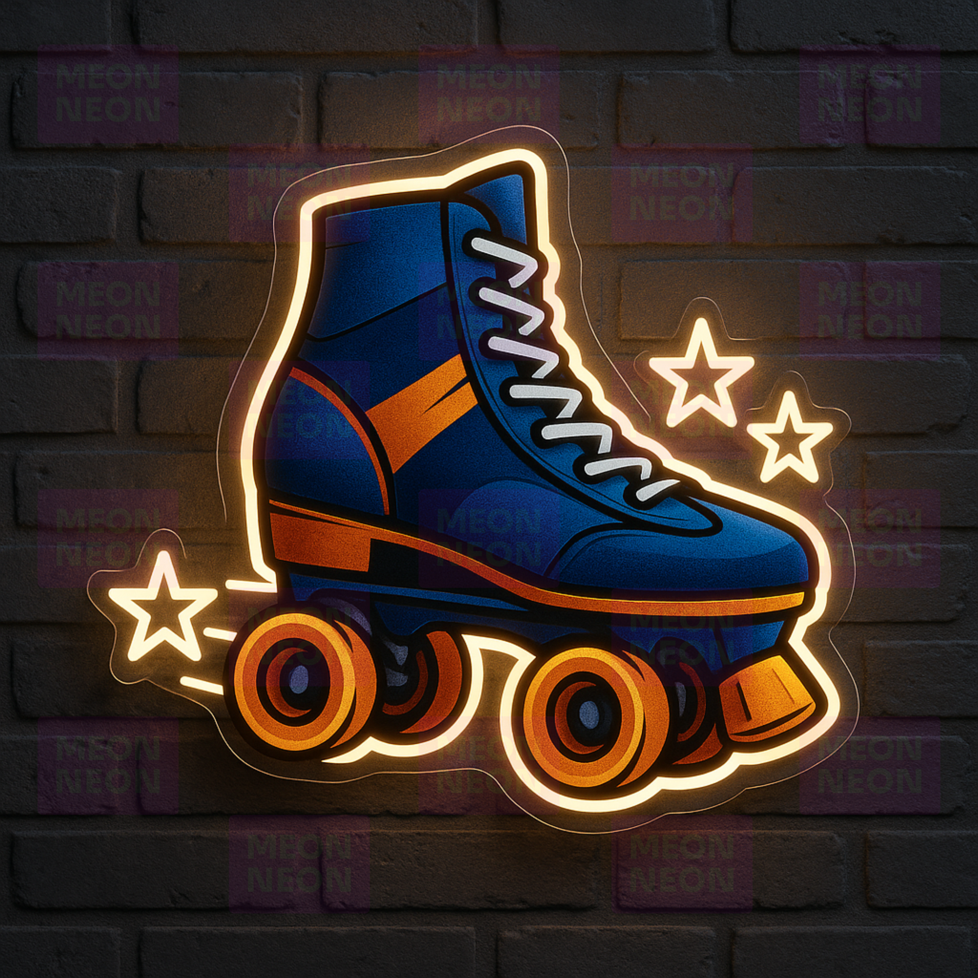 Roller Skate LED Neon Sign - Retro Recreation - Blue Orange & White - Disco Era Stars - MEON NEON