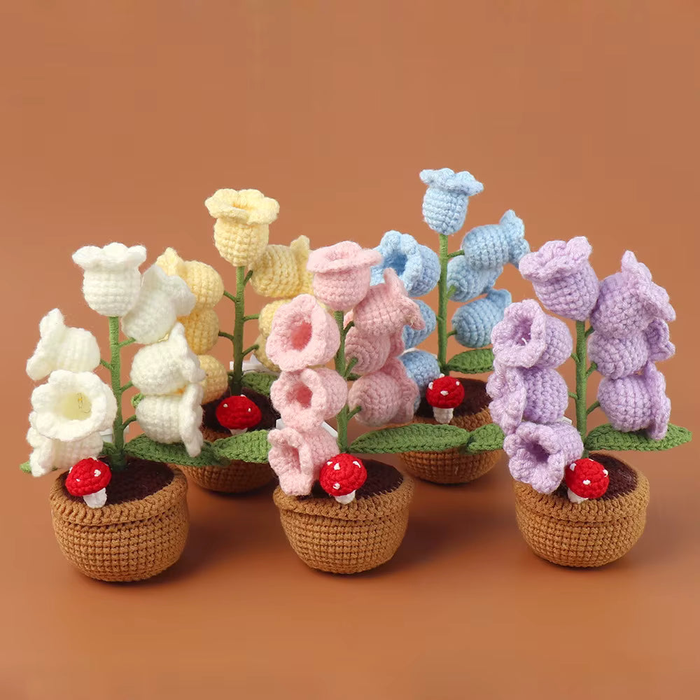 Mini Knitted Light-Up Flower Pot - Handmade Crochet Bell Orchid with LED Lights