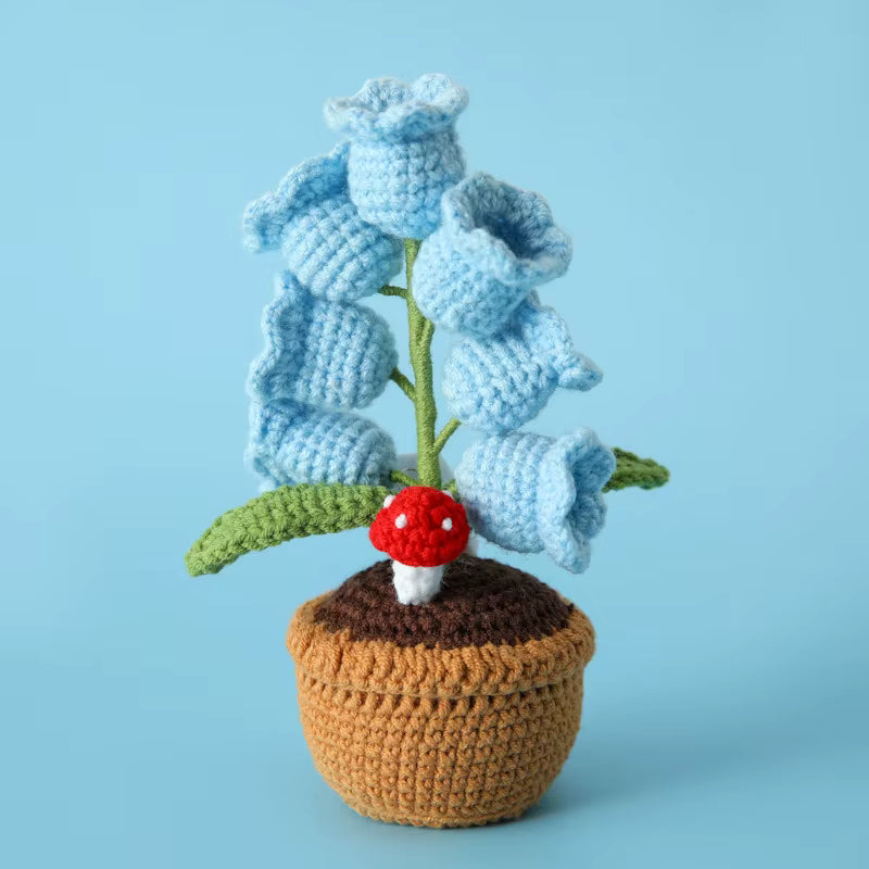 Mini Knitted Light-Up Flower Pot - Handmade Crochet Bell Orchid with LED Lights