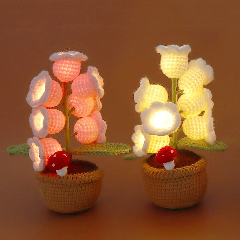 Mini Knitted Light-Up Flower Pot - Handmade Crochet Bell Orchid with LED Lights