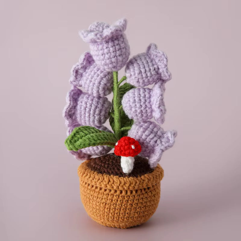 Mini Knitted Light-Up Flower Pot - Handmade Crochet Bell Orchid with LED Lights