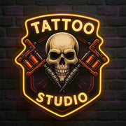 Shield Tattoo Studio LED Neon Sign - Skull & Machines - Professional Badge - Golden Yellow Light - MEON NEON
