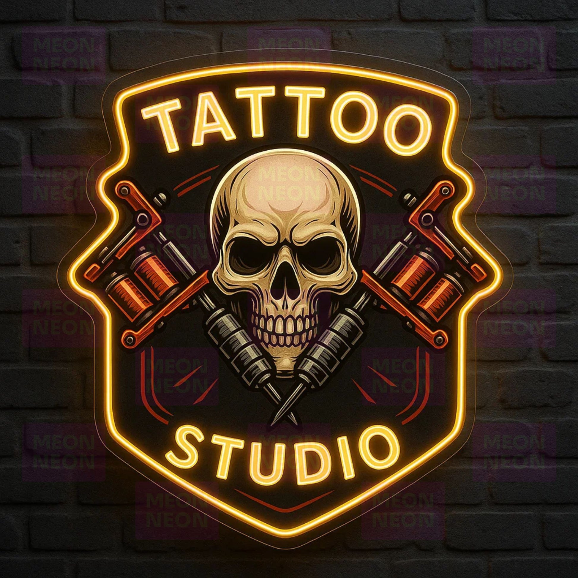 Shield Tattoo Studio LED Neon Sign - Skull & Machines - Professional Badge - Golden Yellow Light - MEON NEON