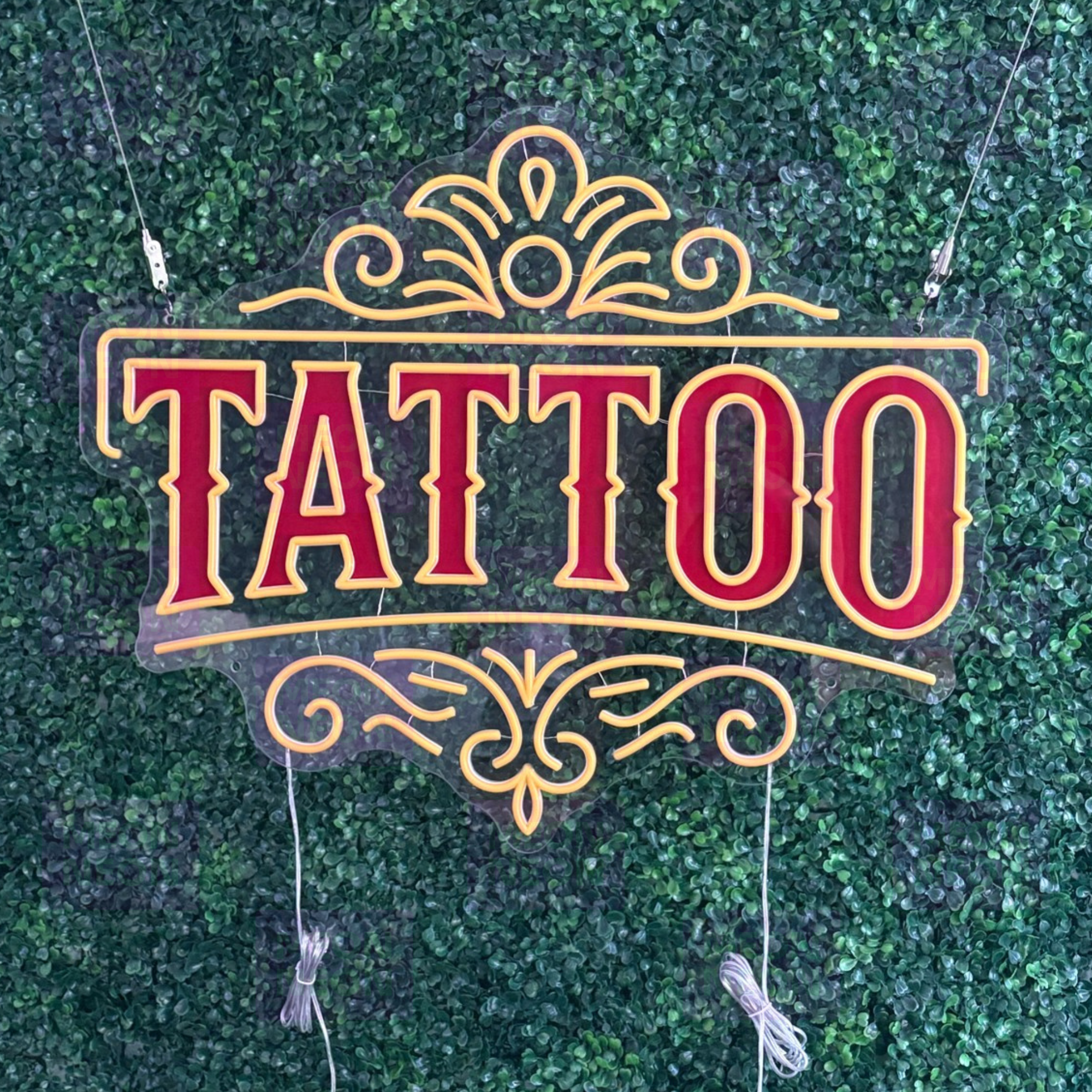 Classic Ornate TATTOO LED Neon Sign - Victorian Style - Decorative Flourishes - Red & Gold Light