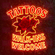 Tattoos Walk-Ins Welcome LED Neon Sign - Traditional Tattoo Style - Rose and Machine Design - Red and Yellow - MEON NEON