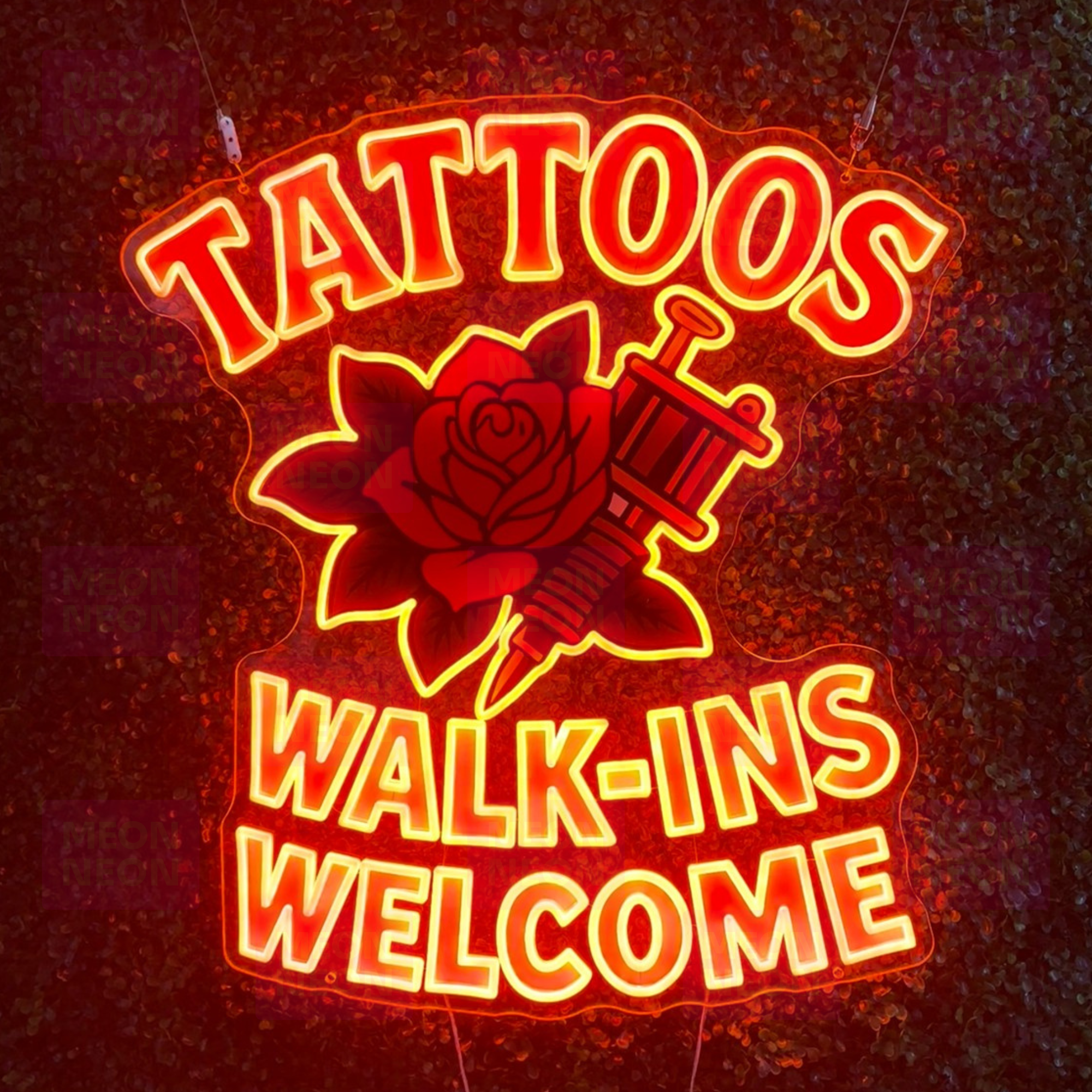 Tattoos Walk-Ins Welcome LED Neon Sign - Traditional Tattoo Style - Rose and Machine Design - Red and Yellow - MEON NEON