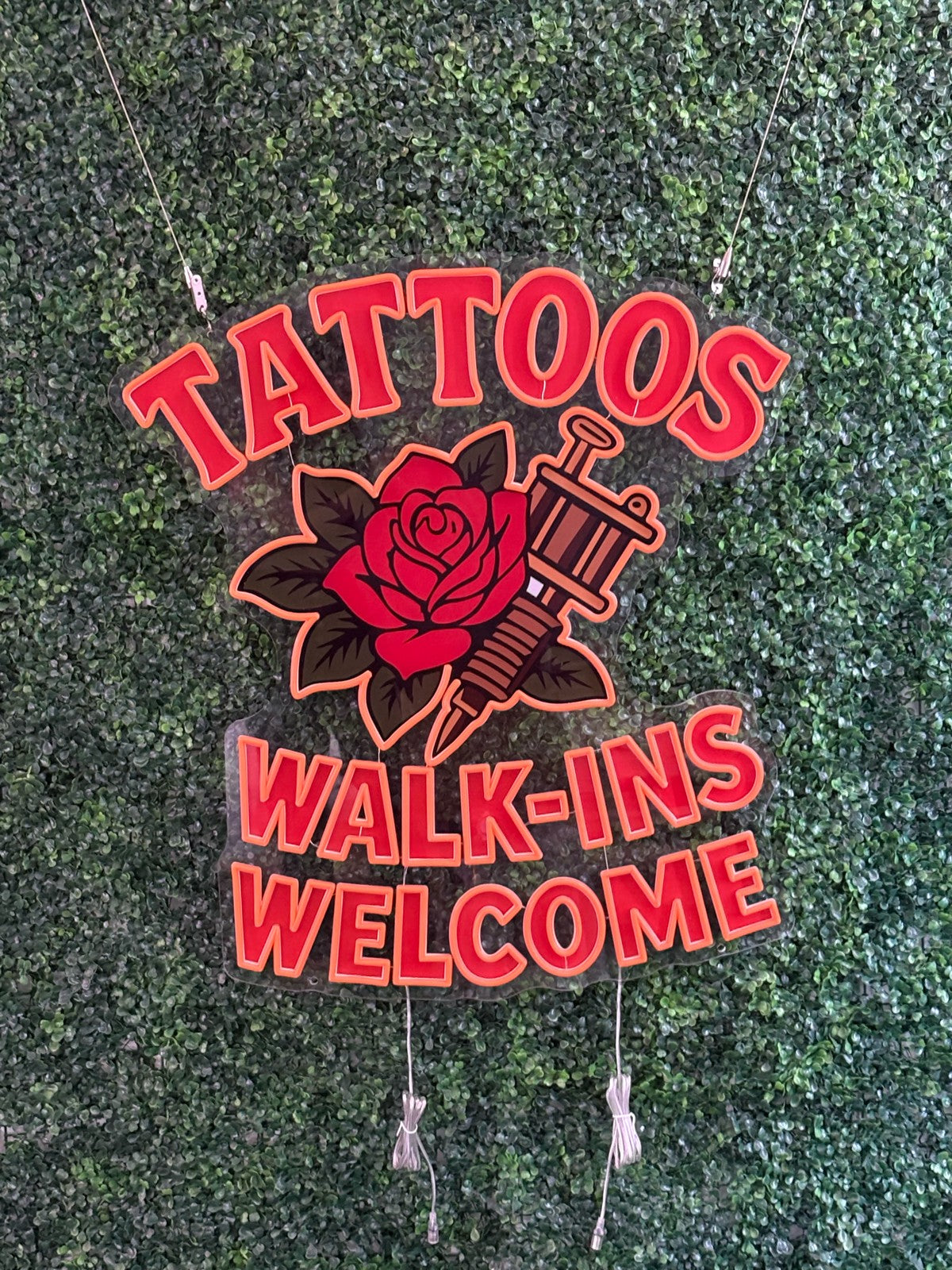 Tattoos Walk-Ins Welcome LED Neon Sign - Traditional Tattoo Style - Rose and Machine Design - Red and Yellow - MEON NEON