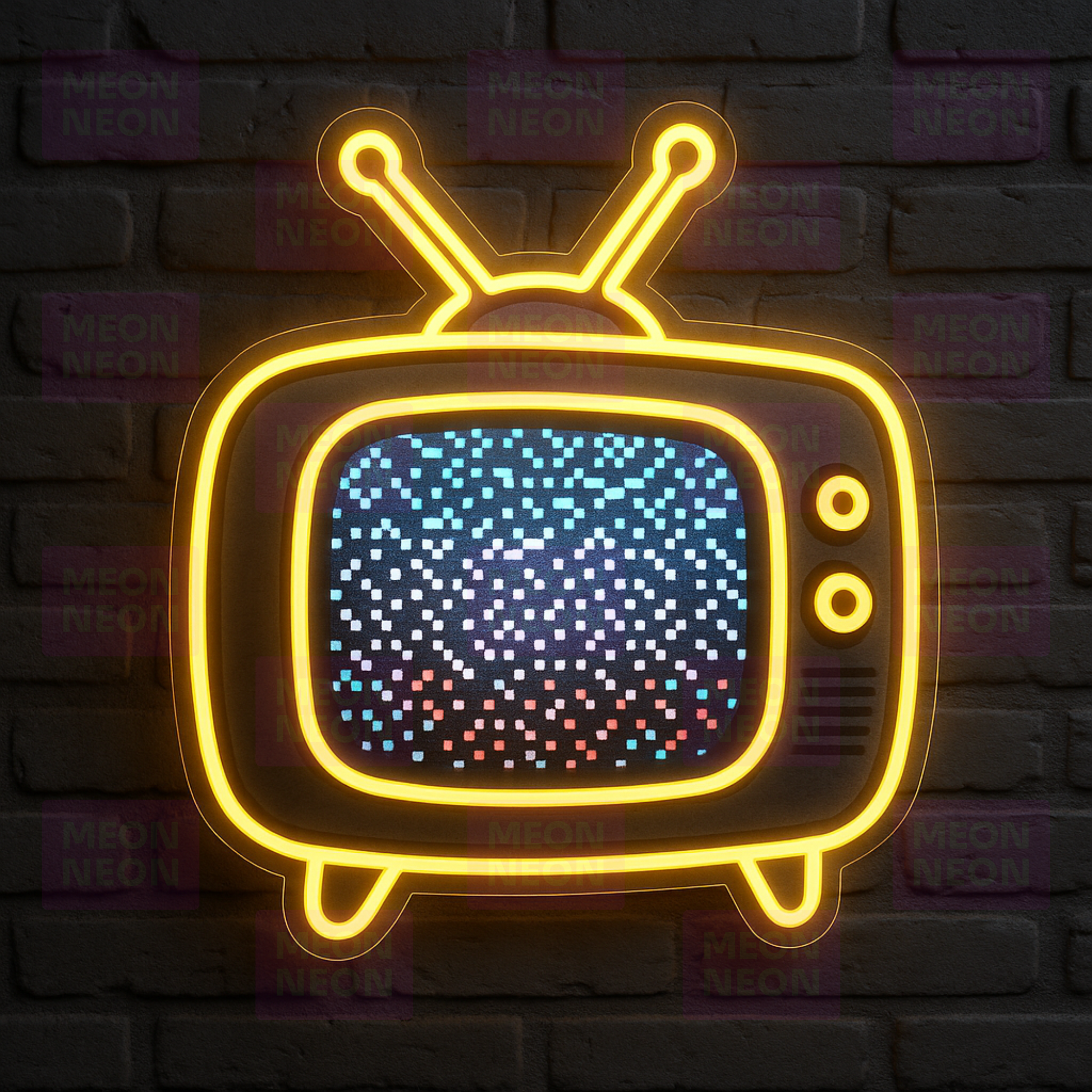 Vintage TV LED Neon Sign - Retro Television - Static Screen Effect - Yellow Frame & Blue Static - MEON NEON