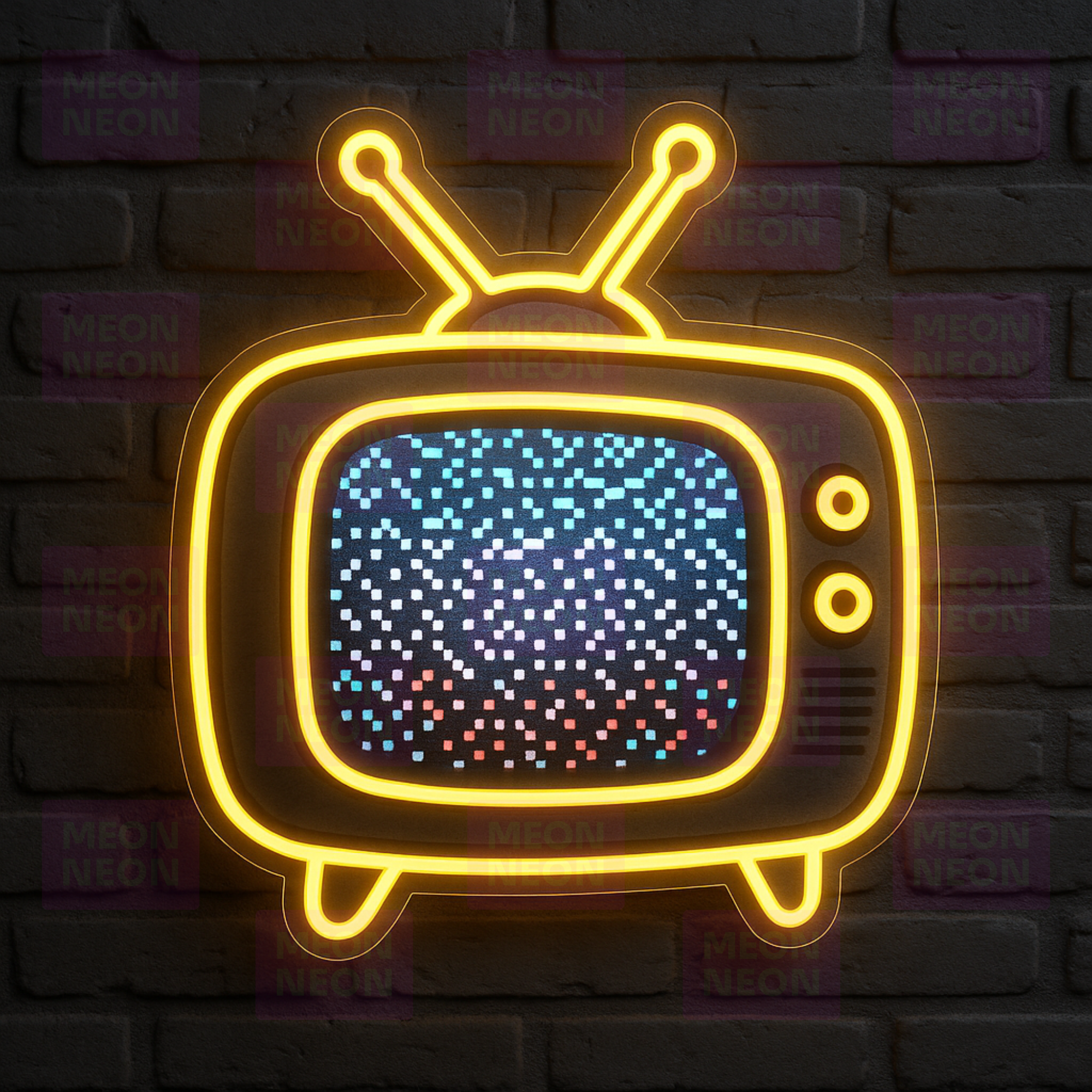Vintage TV LED Neon Sign - Retro Television - Static Screen Effect - Yellow Frame & Blue Static - MEON NEON