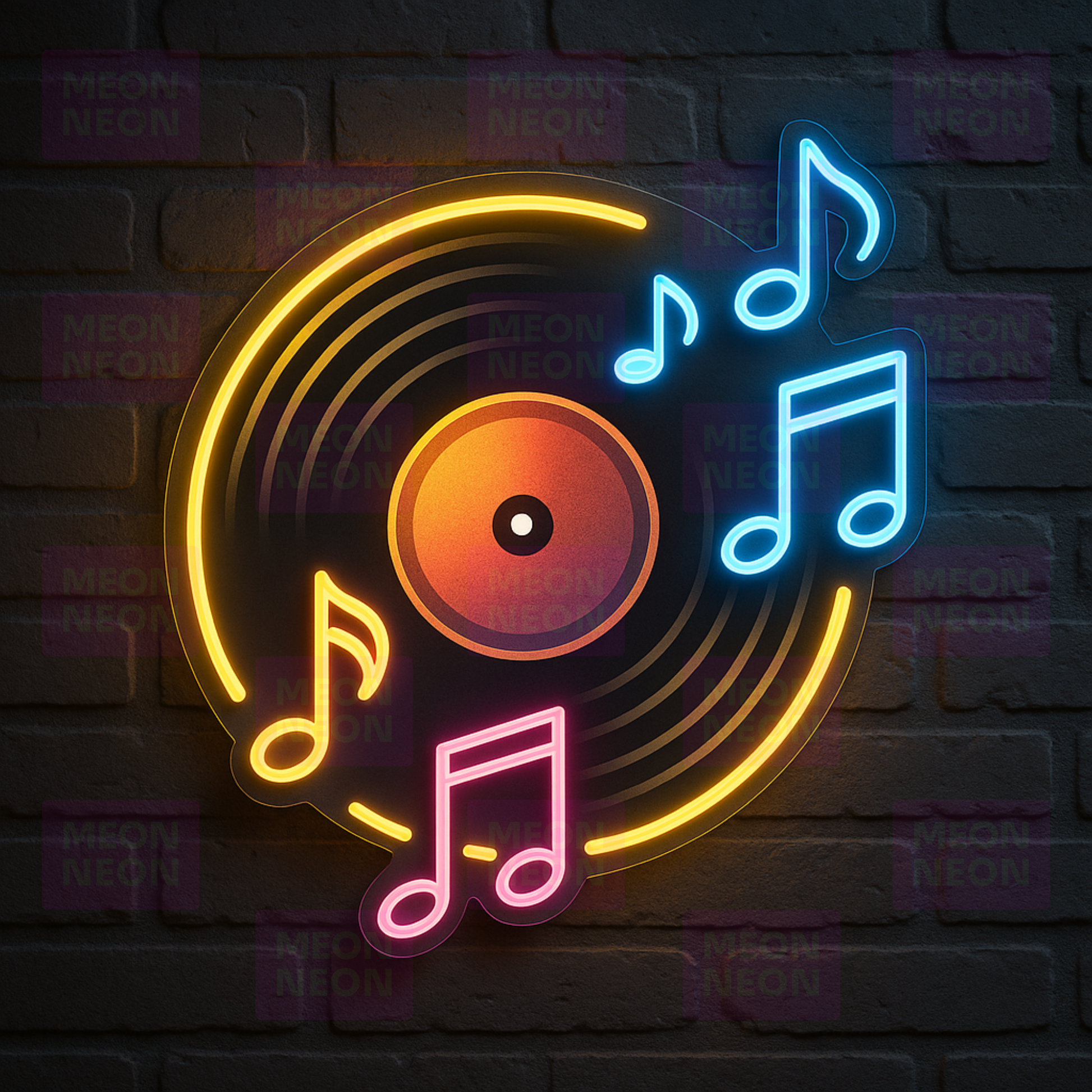 Vinyl Record LED Neon Sign - Music Lover - Floating Notes - Orange Blue Multi-Color - MEON NEON