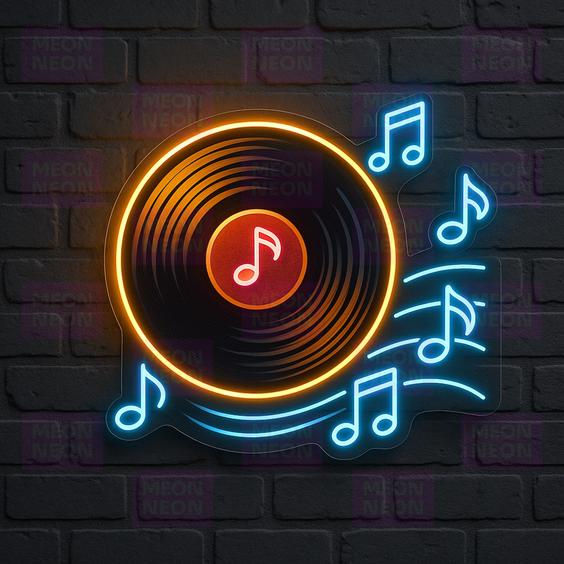 Vinyl Record LED Neon Sign - Spinning Record with Notes - Golden Orange & Blue - MEON NEON