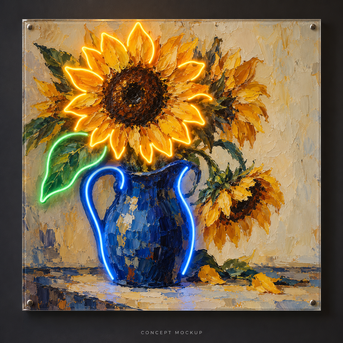 Sunflower Serenade UV-printed LED neon concept with Amber / Blue / Green accents